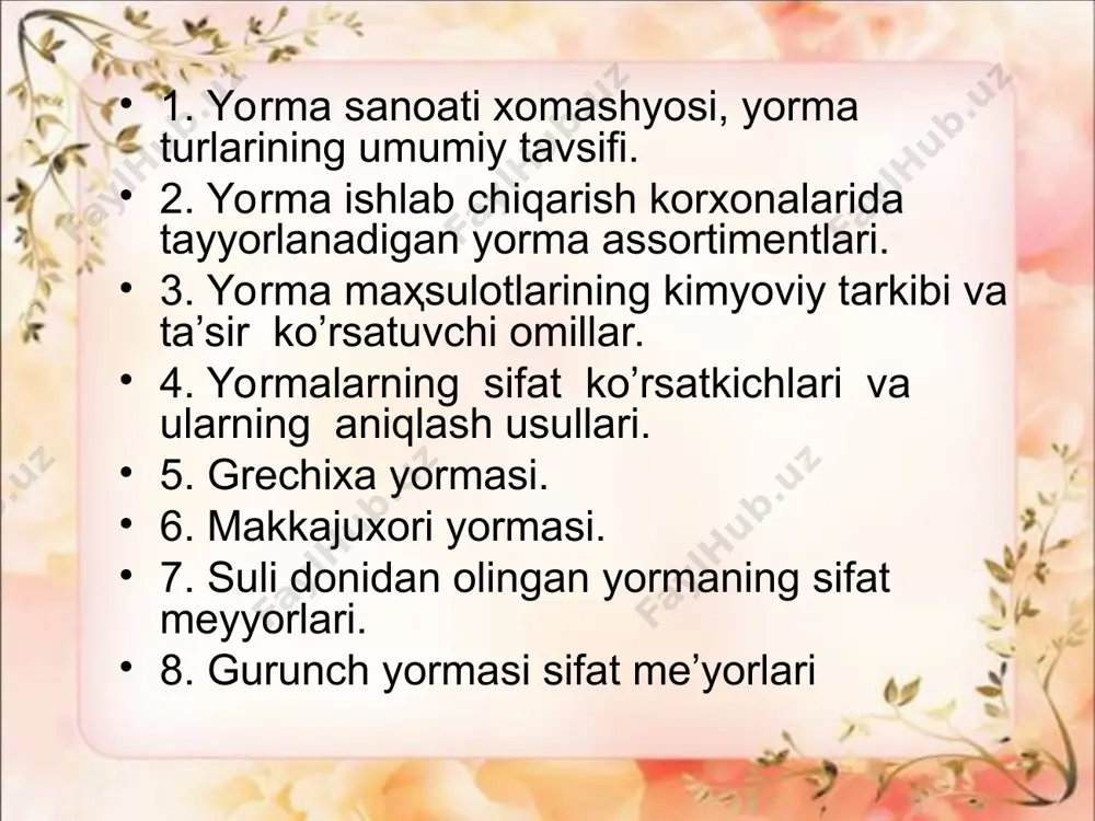 e’mol xususiyatlari ҳam aniqlanib, turlarga ajratiladi. ayrim yormalar yorma qismlari bir tekisligi, ҳajmiga qarab (nomerga, shuningdek qayta ishlanadigan donning namunaviy tartibiga bog`liq ҳolda tiplarga va markalarga ajratiladi. ҳar xil turga mansub yormalar navlarga ajratiladi. navlarga ajratish tayyor maҳsulot taҳliliga asoslanib amalga oshiriladi. yorma navlari tarkibidagi begona aralashmalar, tuyilmagan, sinik, aynigan donlar va yaxshi sifatli yadro miqdori singari ko’rsatkichlariga qarab bir - biridan farq qiladi. yormani o’z assortimentiga mos ravishda qayta ishlash uchun, faqat muayyan sifat ko’rsatkichlariga ega bo’lgan dondan foydalanish kerak. yorma ishlab chiqarish korxonalariga qabul qilinadigan donning sifat ko’rsatkichlari davlat standartlari me’yorlariga mos bo’lishi kerak. qayta ishlash jarayonida tariqdan olinadigan yorma chiqimi –65 %, qora bug`doy – 66 %, sulidan -44 –45 % , sholidan – 65 %gacha etadi. arpa qayta ishlanganda besh nomerli yorma chiqimi 40 %, uch nomerli arpa yormasi chiqimi – 62 %, tuyilgan nuxat chiqimi - 73%, makkajuxori yormasi chiqimi - 40, bug`doy yormasi chiqimi …