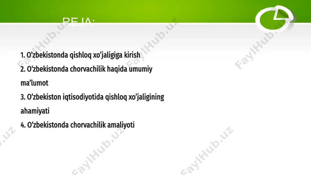 lish orqali daromad keltirmoqda. mamlakatning oziq-ovqat xavfsizligini ta’minlashda qishloq xo‘jaligi ham muhim o‘rin tutadi. qishloq xo‘jaligining o‘zbekiston iqtisodiyotidagi ahamiyatini ortiqcha baholab bo‘lmaydi, chunki u nafaqat ko‘pchilikning turmush tarzini ta’minlabgina qolmay, balki mamlakatning har tomonlama rivojlanishiga ham hissa qo‘shadi. samarali fermerlik amaliyoti va qishloq xo‘jaligi texnologiyalariga sarmoya kiritish orqali o‘zbekiston qishloq xo‘jaligi sektorini rivojlantirishda davom etmoqda. chorvachilik o‘zbekiston qishloq xo‘jaligida hal qiluvchi o‘rin tutib, mamlakat iqtisodiyotiga salmoqli hissa qo‘shmoqda. chorvachilik amaliyoti go‘sht va sut mahsulotlariga bo‘lgan talabni qondirishda muhim ahamiyatga ega. 01 o‘zbekistonda chorvachilikning azaliy an’analari mavjud bo‘lib, ular avloddan-avlodga o‘tib kelmoqda. fermerlar mahsuldorlikni oshirish maqsadida qoramol, qo‘y, echki va parrandalarni ham an’anaviy usullardan, ham zamonaviy texnologiyalardan foydalangan holda boqmoqda. 02 o‘zbekistonda chorvachilik suv tanqisligi va iqlim o‘zgarishi kabi muammolarga duch kelmoqda, biroq barqaror amaliyotlarni ilgari surish va hayvonlar salomatligi va farovonligini yaxshilashga harakat qilinmoqda. hukumat oziq-ovqat xavfsizligi va iqtisodiy o'sishni ta'minlash uchun sektorni modernizatsiya qilish ustida ishlamoqda. 03 4. o‘zbekistonda …
