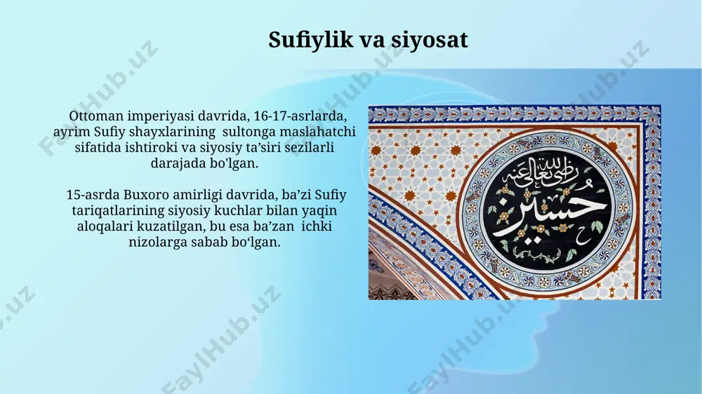 ti, o'zining 40 dan ortiq asosiy qoidalarini, shu jumladan, "xalvat" amaliyotini, ana shu adabiyotdan olingan metaforalar va ramziy ma’nolar orqali tushuntirgan. tasavvuf va fiqh munosabatlari 15-asrda samarqandda yashab ijod qilgan imom al-buxoriyning hadis ilmi bilan bog'liq asarlari, tasavvuf yo'llarining fiqh qonunlariga muvofiqligi va 300 dan ortiq hadislar orqali tasdiqlanuvchi axloqiy qadriyatlarga e'tibor qaratgan. 12-asrda buxoroda yashagan bahouddin naqshband kabi allomalar tasavvuf va fiqhning uyg'unligini, 40 dan ortiq hadislar orqali sharhlab, amaliy hayotga tatbiq etishning ahamiyatini ta'kidlashgan. mashhur sufiy shaxslari va ularning ta'limoti 13-asrda yashab ijod qilgan buxorolik alloma, najmiddin kubro, kubraviy tariqatining asoschisi bo'lib, uning ta'limoti 40 dan ortiq qoida va 7 asosiy bosqichdan iborat bo'lgan murakkab sistemasini o'z ichiga olgan. ibn arabi (1165-1240), andalusdan bo'lgan mashhur sufiy, vahdatul vujud (vujudning birligi) falsafasini rivojlantirgan va uning ta'limoti ko'plab sufiylik maktablari va tariqatlariga ta'sir ko'rsatgan. sufiylikning musiqa va raqs bilan bog'liqligi mavlaviy tariqati, rumiyning 13-asrda konya shahrida asos solgan, aylanma raqsi …