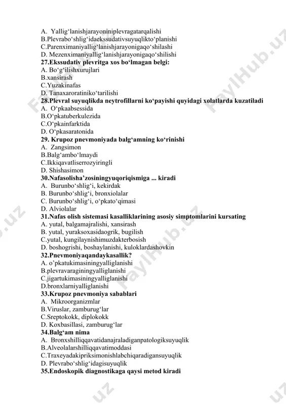 toid artritda 41.ovqat hazm qilish tizimiga qaysi a’zo kiradi? a. me’da b. traxeya va bronxlar c. burun d. o’pkalar 42.parhez taomlar bilan davolash qanday ataladi? a. diyetoterapiya b. fizioterapiya c. psixoterapiya d. ninali terapiya 43.og’iz bo’shlig’ini ko’zdan kechirganda nimalarga ahamiyat beriladi? a. tishlar, shilliq qavatlar, tomoq bezlariga b. tishlar, og’izdan nafas olish, so’lagiga c. milklar, tilga, qizilo’ngachga d. faqat tilga 44.hazm tizimi a’zolarida me’dadan so’ng qaysi a’zo boshlanadi? a. 12 barmoqli ichak b. yo’g’on ichak c. halqum d. qizilo’ngach 45.12 barmoqli ichak yara kasalligi bilan og’rigan bemor obyektiv ko’zdan kechirganda qanday belgini kuzatish mumkin? a. bemor ozg’in bo’ladi b. jismonan baqquvat, tetik bo’ladi c. kayfiyati juda yaxshi bo’ladi d. ikki yuzi qizarib turadi 46. me’da yarasidan qon ketayotganini bildiruvchi belgi qaysi? a. “kofe quyiqasi” rangli qon qusish b. ich ketish c. harorat ko’tarilishi d. arterial bosimning ko’tarilishi 47.meteorizm bu…. a. qorinning dam bo’lishi b. ich qotishi c. ich kelishi d. …
