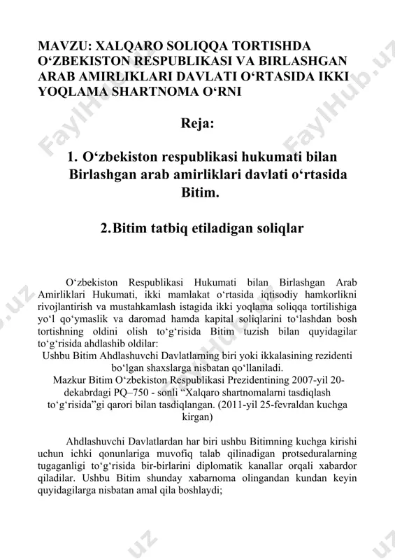 alliy hokimiyat organlari yoki mahalliy hukumatlari tomonidan undiriladigan daromad va kapital soliqlariga tatbiq etiladi. 2. daromad va kapitalga solinadigan soliqlarga jami daromadga yoki umumiy kapitalga, yoxud daromad yoki kapitalning bir qismiga solinadigan barcha soliqlar taalluqli bo‘lib, bunga ko‘char va ko‘chmas mulkni boshqa shaxsga berishdan olingan daromadlar, korxonalar tomonidan to‘lanadigan ish haqi yoki maoshning umumiy miqdoriga solinadigan soliqlar, shuningdek kapital qiymatining o‘sishidan olingan daromadlarga solinadigan soliqlar ham kiradi, 3. ushbu bitim tatbiq etiladigan amaldagi soliqlar, xususan quyidagilardir: a) o‘zbekiston respublikasiga nisbatan: i) yuridik shaxslar daromadi (foydasi)dan olinadigan soliq; ii) jismoniy shaxslarning daromadlaridan olinadigan soliq; iii) mol-mulk solig‘i: (bundan keyin “o‘zbekiston soliqlari” deb ataladi); b) birlashgan arab amirliklariga nisbatan: i) jismoniy shaxslarning daromadlaridan olinadigan soliq; ii) korporativ soliq; (bundan keyin “birlashgan arab amirliklari soliqlari” deb ataladi). 4. ushbu bitim 2-bandda qayd qilingan mavjud soliqlar o‘rniga yoki shu bitim imzolangan sanadan so‘ng har bir ahdlashuvchi davlat tomonidan undiriladigan qo‘shimcha yoki har qanday bir …