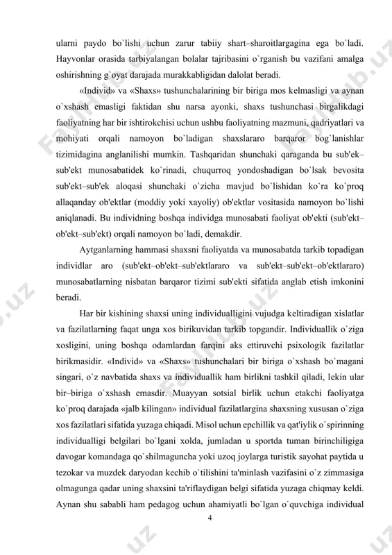 tga ko`proq darajada «jalb kilingan» individual fazilatlargina shaxsning xususan o`ziga xos fazilatlari sifatida yuzaga chiqadi. misol uchun epchillik va qat'iylik o`spirinning individualligi belgilari bo`lgani xolda, jumladan u sportda tuman birinchiligiga davogar komandaga qo`shilmaguncha yoki uzoq joylarga turistik sayohat paytida u tezokar va muzdek daryodan kechib o`tilishini ta'minlash vazifasini o`z zimmasiga olmagunga qadar uning shaxsini ta'riflaydigan belgi sifatida yuzaga chiqmay keldi. aynan shu sababli ham pedagog uchun ahamiyatli bo`lgan o`quvchiga individual yondoshishni amalga oshirish vazifasini ajratib ko`rsatish kerak. bu esa o`quvchining differentsial–psixologik xususiyatlari (xotirasi, diqqati, temperamenti, u yoki bu qobiliyatlarining rivojlanganligi va xokazo) ni hisobga olishni, ya'ni o`quvchining o`z tengdoshlaridan nimasi bilan farq qilishi va shu munosabat bilan tarbiyaviy ishni qanday tashkil etish kerakligini aniqlashni taqozo qiladi. o`quvchining tafakkuri, irodasi, xotirasi, xis–tuyg`ularining individual xislatlarini hisobga olish bilangina cheklanmasdan, balki individning jamoadagi va jamoaning esa uning shaxsidagi mavqeini aniqlashga yo`naltirilgan yondoshuvgina insonning sotsial bog`lanishlar tizimining shaxsda namoyon bo`lishi sifatidagi mohiyatini ilmiy anglab …
