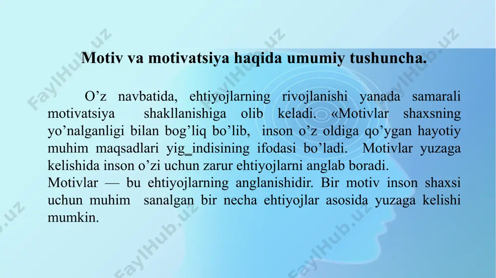 ini topadi. mazkur motivlaar o’quv faoliyatining mohiyati bilan bog’liq bo’lmay, balki unga yondosh yordamchi faktorlarni anglatadi. ammo ushbu motivlar o’quvchi va o’smir o’qishiga jiddiy turtki vazifasini bajaradi. maktabgacha yosh 1) go’daklik (3 yoshgacha) – yasli; 2) bog’chaning kichik guruhi – uch yosh; 3) bog’chaning o‗rta guruhi – to’rt yosh; 4) bog’chaning katta guruhi – besh yosh; 5) bog’chaning tayyorlov guruhi – olti yosh. maktab yoshi 1) kichik (1-4-sinf) – boshlang‗ich maktab – 7-10 yosh; 2) o’rta (5-9-sinf) – o’rta maktab – 11-15 yosh; 3) katta(10-12-sinf) – akademik lisey yoki maxsus ta‘limda – kasb-hunar kollejlar – 16-18 yosh. so’zimni taniqli psixolog maslouning fikri bilan yakunlamoqchiman: tashqi o’qish jarayoni — bu shunchaki yana bir bilimni o‗zlashtirish yoki yangisini o’rganishdir. bilim sohasida eng zukko bilimdon bo’lish esa inson imkoniyatlariga va ichki intilishiga bog’liqdir. keyingi har qanday o’qish, o’rganish yolidagi ta‘limiy maqsadlar — bu insonni kelajakda kim bo’lishini belgilovchi kasbiy faoliyatiga ko’maklashish yo’li va …
