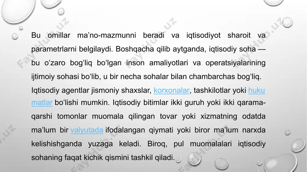 zamonaviy ilmiy va o'quv adabiyotlarida "jahon iqtisodiyoti", "jahon iqtisodiyoti" tushunchalarining yagona talqini mavjud emas. mahalliy va xorijiy adabiyotlarda qo'llaniladigan ushbu tushunchalarni aniqlashning asosiy yondashuvlari orasida quyidagilarni ajratib ko'rsatish mumkin: 1. jahon xo‘jaligini bir-biri bilan xalqaro mehnat taqsimoti tizimi, turli iqtisodiy aloqalar bilan bog‘langan milliy xo‘jaliklar majmui sifatida ko‘rib chiqish; 2. jahon iqtisodiyotiga xalqaro iqtisodiy munosabatlar tizimi sifatida qarash; 3. ayrim xorijlik tadqiqotchilar jahon xo’jaligi o’z ichiga savdo, moliyaviy munosabatlar, kapital va mehnat taqsimotini o’z ichiga oladi, degan xulosaga keladi. bu nuqtai nazar ishlab chiqarishni jahon iqtisodiyoti tizimidan chiqarib tashlaydi, bu esa asosan xalqaro iqtisodiy munosabatlarni belgilaydi. iqtisodiy evolyutsiya natijasida global miqyosdagi mutlaqo yangi iqtisodiy tizim yaratildi, u megaiqtisodiyot deb ataladi. ko'pgina jahon jarayonlarining mavjud birligini amalda hech kim inkor etmaydi. bu buyuk vatandoshimiz vladimir ivanovich vernadskiy davridan beri aniq amalga oshirildi, uning so'zlari darsga epigraf bo'lib xizmat qildi. vladimir ivanovich erni o'ziga xos birlashgan va go'yo tirik geologik va ekologik …