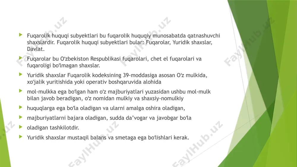 aat ko‘rishga qaratilgan, notarial tasdiqlashni yoki davlat ro‘yxatidan o‘tkazishni talab qilmaydigan bitimlar; 3) qonuniy vakil yoki uning roziligi bilan uchinchi shaxs tomonidan muayyan maqsad yoki erkin tasarruf etish uchun berilgan mablag‘larni tasarruf etish borasidagi bitimlarni mustaqil ravishda amalga oshirishga haqlidirlar. o‘n to‘rt yoshdan o‘n sakkiz yoshgacha bo‘lgan voyaga yetmaganlar ota-onalari, farzandlikka oluvchilar va homiylarining roziligisiz quyidagilarni mustaqil ravishda amalga oshirishga haqli: 1) o‘z ish haqi, stipendiyasi va boshqa daromadlarini tasarruf etish; 2) fan, adabiyot yoki san’at asarining, ixtironing yoxud o‘z intellektual faoliyatining qonun bilan qo‘riqlanadigan boshqa natijasi muallifi huquqini amalga oshirish; 3) qonunga muvofiq kredit muassasalariga omonatlar qo‘yish va ularni tasarruf etish. yuridik shaxsning huquq va muomala layoqati. yuridik shaxsning huquq layoqati bu yuridik shaxsning fuqarolik huquqlari va majburiyatlariga ega bo‘lish qobiliyatidir. yuridik shaxsning huquq layoqati u tuzilgan paytdan vujudga keladi hamda bu yuridik shaxs tugatilishi bilan huquq layoqati ham tamom boʻladi. yuridik shaxs o‘z ustavida (ta’sis hujjatlarida) ko‘rsatilgan maqsad …