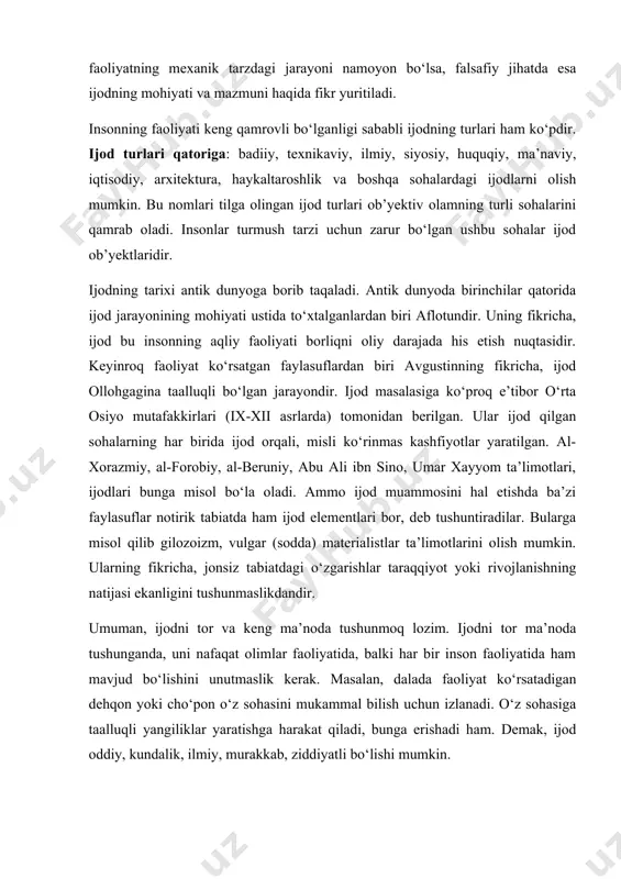 unga erishadi ham. demak, ijod oddiy, kundalik, ilmiy, murakkab, ziddiyatli bo‘lishi mumkin. ilmiy ijod sistemali bo‘lib, unda inson faoliyatining ko‘p qirralari: bilimi, malakasi, tajribasi, asbob-uskunalar bilan qurollanganligi, adabiyotlarga boyligi, ish-joy sharoitlarining maxsusligi va boshqalar bilan ajralib turadi. xulosa qilish mumkinki, ilmiy ijod bu - izlanuvchining tafakkuri va qobiliyatini ob’yektga nisbatan chuqur va mohiyatan yaqinlashib borishining yuksak darajasidir. ilmiy ijod izlanuvchining mashaqqati va og‘ir mehnatini talab qiladi. qiyinchiliklarga bardosh berishini kutadi. albatta, ilmiy ijod bilan barcha insonlar ham shug‘ullanavermaydi. ilmiy ijod qilish uchun inson qobiliyatli bo‘lishi va ko‘nikmalarga ega bo‘lishi zarur. o‘z navbatida, ilmiy ijodda intilish, faoliyat ko‘rsatish katta ahamiyatga ega. ma’lumki, ilmiy ijod ma’lum bir sohani tanlab uni o‘rtaga qo‘yishdan boshlanadi. demak, ilmiy ijod yoki tadqiqot o‘z maqsadiga ega. maqsadga erishish esa, masalani tushunish, yangilik yaratish bilan bog‘liq. fan tarixida minglab olimlar borki, ular ana shu maqsadlarni tushunganlar va ularga erishganlar. bular qatoriga al-xorazmiy, al-beruniy, galiley, n. kopernik, mirzo ulug‘bek, …