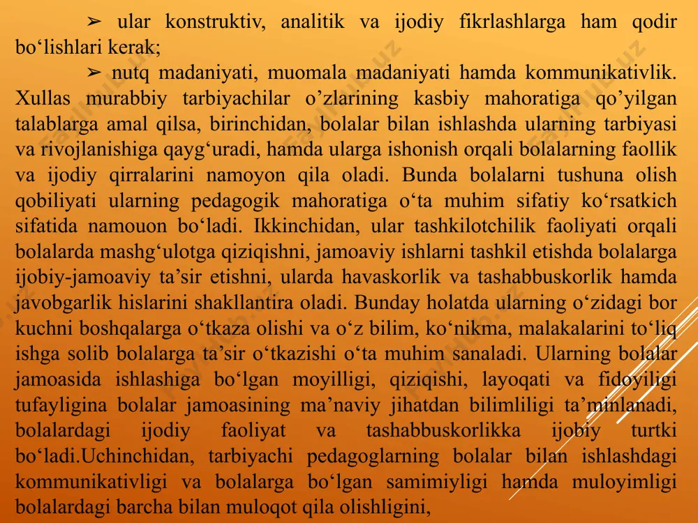 lim tashkilotlarida tarbiyachilarining kasbiy faoliyati va uning ijodkorlikgi muhim ahamiyatga ega. har bir tarbiyachi o’zining ijodiy fikrlashi va faoliyati oraqali bolalarning rivojlanishiga ma’lum darajada o’z hissasini qo’shadi. shunday qilib ijodkorlik tarbiyachining muhim sifatlaridan biridir. har bir darsga kirishdan oldin tarbiyachi ma’lum darajada ijodiy izlanishlar olib borishi uning kasbiy faoliyatini muvaffaqiyatini ta’minlab beradi. e`tiboringiz uchun rahmat! image1.jpeg image2.jpeg /docprops/thumbnail.jpeg