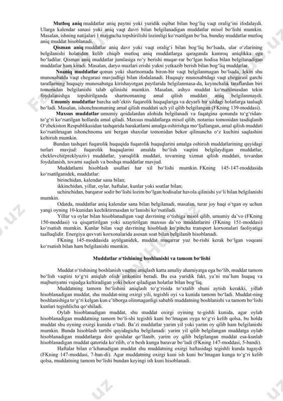muddatlari buzilgan huquqning himoya qilinishi uchun qonun bilan belgilangan muddatlar. masalan, qarz olgan fuqaro olgan qarzini qaytarmasa, unga nisbatan uch yil mobaynida da’vo qilinishi mumkin. agar bu muddat davomida uzrsiz da’vo qilinmasa, da’vo narsasiga bo‘lgan huquq yo‘qotilishi mumkin. e’tiroz bildirish muddatlari shartnomalar bo‘yicha olingan majburiyatlar qarzdor tomonidan butunlay bajarilma-ganda yoki lozim darajada bajarilmaganda tashkilotlarning bir-birlariga talablarini bildirish uchun belgilangan muddatlar. tashkilotlar o‘rtasidagi ko‘pchilik huquqiy munosabatlarda nizolarni hal qilish uchun e’tiroz bildirish tartibi belgilangan. masalan, temir yo‘l korxonasiga tashish uchun topshirilgan yuk yo‘qotilsa, unga nisbatan olti oylik muddat davomida e’tiroz bildirilishi mumkin. e’tiroz bildirish muddatining o‘tkazib yuborilishi, qonunda nazarda tutilgan hollarda, talablarning xo‘jalik sudi tomonidan qondirilmasligiga asos bo‘ladi. kafolat muddatlari. bu muddatlar davomida sotib olingan yoki buyurtma qilingan ashyoda yoxud bajarilgan ishda kamchiliklar topilgan taqdirda, oluvchi yoki buyurtmachi mazkur nuqsonlarning tekinga yo‘qotilishini yoki ashyoning almashtirilishini yoxud qayta olib, buning uchun to‘langan pulning qaytarilishini talab qilish huquqiga ega bo‘ladi. kafolat muddatining o‘tkazib …