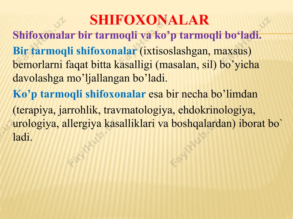 lini sanitariya-gigiyena koʻnikmalari boʻyicha bilim saviyasini oshirish, ratsional ovqatlanish, sogʻlom turmush tarzi, jismoniy tarbiya va sport bilan shugʻullanishni targʻib qilish, zararli odatlar (chekish, ichkilikbozlik, giyohvandlik)ning oldini olish, ularga qarshi kurash tadbirlarini tashkil qilish;emlash ishlari, aholi yashaydigan joylar, tashkilot, muassasalar, korxonalarning tozaligi, ichimlik suvi taʼminotini nazorat qilish, ularda joriy sanitariya nazorati oʻrnatish; -oʻsib kelayotgan avlodni sogʻlomlashtirish, onalik va bolalikni muhofaza qilish, oilani rejalashtirish, bolalar orasida tugʻma nuqsonlar va nasl kasalliklarini kamaytirish -aholiga shoshilinch tibbiy yordam koʻrsatish va ularni vaqti-vaqti bilan tibbiy koʻrikdan oʻtkazish, dispanser nazoratiga olish;sil, teri-tanosil, saraton (rak), ruhiy, ichki sekretsiya bezlari kasalliklari va boshqalarga qarshi kurashish boʻyicha davolash-profilaktika chora-tadbirlarini oʻtkazish; -aholi oʻrtasida kasallanishni, ishchi va xizmatchilarning vaqtincha mehnatga layoqatsizlik sabablarini aniqlash va kamaytirish maqsadida xoʻjaliklar, tashkilotlar, korxona rahbarlari bilan birgalikda tadbirlar ishlab chiqish va amalga oshirish; -aholiga koʻrsatilayotgan tibbiy va profilaktik yordamning sifati va samaradorligini oshirish;kasalliklarni vaqtida aniklash, zaruriyat boʻlganda tegishli davolash-profilaktika muassasalariga yuborish, vrachlar maslahatini tashkil qilish;mehnatga vaqtincha …