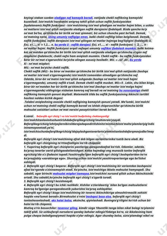 olig’ining ta’sirini o`rganishlari uchun, ular har bir xo`jalik yurituvchilarning tovar va xizmatlarni ayirboshlashga bo`lgan salohiyatini bilishlari zarurdir. mikroiqtisodiyot va makroiqtisodiyot bir biriga aloqador bo`lib o`xshab ketsa-da, ammo ikkisi alohida fandir. chunki, ikkisi turli savollarga javob bo`ladi, har bir fanning o`zini alohida usullari mavjud bo`lib, ikkovi ham alohida fan sifatida bir biridan ajralgan holda o`rganiladi. mikroiqtisodiyot ayrim sub’ektlar faoliyati bilan bog’liq. bular jumlasiga iste’molchilar, ishchilar, kapital, yer egalari, firmalar, ya’ni aslida iqtisodiyot amal qilishida muhim o`rin tutuvchi individ yoki xo`jalik sub’ektlari kiradi. mikroiqtisodiyot iqtisodiyotning quyi bosqichda qanday qilib va nima sababdan xatti-harakat amalga oshirilishini tushuntirib beradi. masalan, iste’molchi nima uchun tovar sotib olishga jazm qildi; narx va daromad o`zgarishi tovar tanlashga qanday ta’sir etdi; firma ishchilari sonini qanday rejalashtiradi, ular qaerda, qancha ishlashi lozimligini aniqlaydi, shu kabilarni mikroiqtisodiyot tushuntirib beradi. mikroiqtisodiyotning yana boshqa bir muhim jihati tarmoqlarda, masalan sanoat tarmoqlarida bozorlardan tashkil topgan eng yirik tuzilmalar hosil bo`lishida iqtisodiyot sub’ektlarining o`zaro …