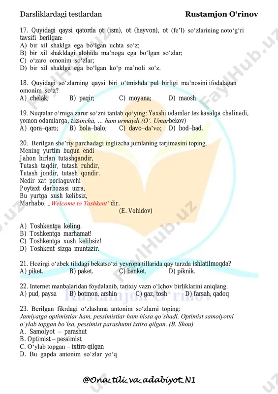 ga tegishli? a. nigoh. b. boqish. c. qarash. d. nazar. 12. uslubiy xoslangan so‘zlar qatorini toping. a. binobarin, xullas b. fido bo‘lmoq, gapirmoq c. tenglama, daftar d. arz, osmon 13. qaysi sinonimik qatorda „ortiqcha“ so‘z bor? a. bemahal, bemavrid, bemalol, bevaqt b. cho‘loq, oqsoq, lang c. sarf, chiqim, xarajat, xarj d. chora, iloj, tadbir, imkon, ep, yo‘l, amal. 14. qaysi gapda so‘zlar bog‘lanishidagi moslik buzilgan? a. titroqni bosishga chiranganidan peshanasi va yuzlarida sovuq ter tomchilari paydo bo‘ldi. (x. do‘stmuhammad) b. momoqiz o‘rog‘ini yerga qadab, ro‘molini boshiga yelvagay qilib o‘radi. (t. murod) c. zarkosani etaklari ancha tekis, yilqilarni yozda boqish uchun juda bop yaylov edi. (m. safarov) d. u o‘ziga kelganida mashinaning qizil chiroqlari uzoqlashgan, yo‘l chekkasida to‘planib turgan odamlar allaqachon tarqalib ketgandi. (m. tillayev) 15. nuqtalar o‘rniga mos qo‘shimchalarni qo‘yib gapni to‘ldiring. jigarrang jemper kiyib, kichkina qora sherst ro‘moli… dahani… bog‘lab olgan novcha, qotma bir ayol ostona… kira solib u …