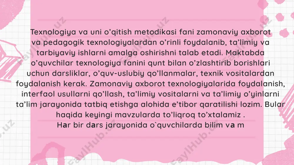 darsi bo'ladi. albatta, didaktikada qabul qilingan har qanday boshqa tasniflash ushbu darslarga ham tegishli, chunki bu o'quv predmeti boshqalar bilan bir xil tamoyillar asosida qurilgan. qo'l mehnati darslarining turlarini aniqlashda texnologiya uchun eng muhim va hal qiluvchi bo'lgan aniq asoslarga murojaat qilish mantiqan. ish mazmuniga ko'ra darslarning tasnifi darslarning uchta asosiy turi mavjud: a) ratsional-mantiqiy (mantiqiy masalalarni yechish); b) hissiy-badiiy (badiiy obraz yaratish); v) shakllantirish usullari va amaliy ish ko'nikmalari. kognitiv jarayonlarning xususiyatlari va ularning har birida faoliyatning tabiati turlicha yo'naltirilgan. ratsional-mantiqiy vazifalar dizaynni juda qat'iy va aniq tahlil qilishni va ishning mutlaqo aniq, yagona mantiqiyligini o'rnatishni o'z ichiga oladi. bunday vazifalarga asosan aql tomonidan tushuniladigan va hissiy jihatdan kamroq baholanadigan barcha narsalar kiradi: masalan, jumboq ilovalari (tekislik dizayn deb ataladigan), hajmli dizayn, nosimmetrik kesish vazifalari, kitoblarni yopishtirish, belgilash, hisoblash va o'lchash konstruktsiyalari va hisob-kitoblari va boshqalar. ularning ko'pchiligi fazoviy konstruktiv fikrlash va analitik qobiliyatlarni sinab ko'rishga qaratilgan matematik topshiriqlar …