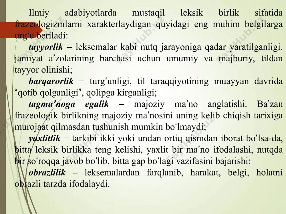 azeologik chatishmada esa so'zlar ma’nosi bilan frazema ma’nosi (frazeologik ma’no) o'rtasida bunday aloqa yo'q, 2) frazeologik butunlikning ma’nosida ichki obraz saqlanadi: tarkibidagi so'zlarga xos ma’nolar sezilib turganligidan frazemaning ma’nosi ko'p qirrali, boy bo'ladi. frazeologik chatishma ma’nosining gavdalanishida esa frazema tarkibidagi so'zlarning ma’nolari ishtirok etmaydi, shuning uchun unda ichki obraz so'nggan bo'ladi. e’tiboringiz uchun rahmat