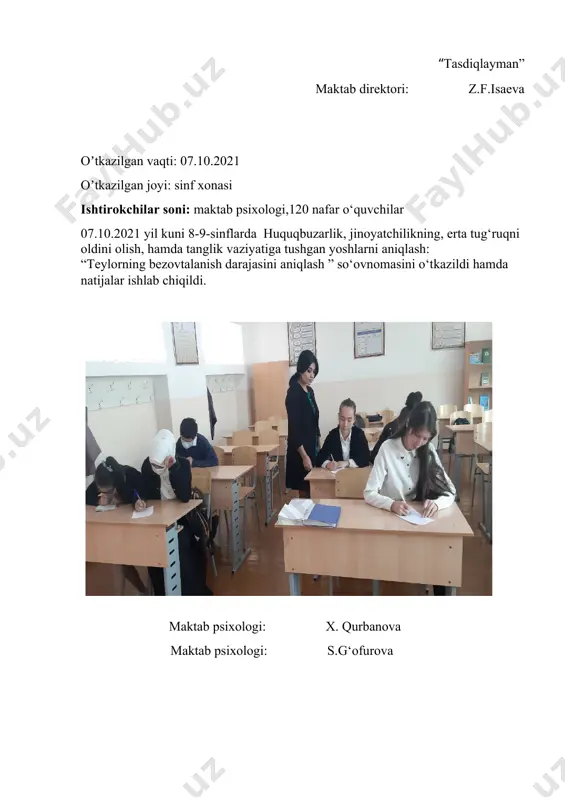 natijalar ishlab chiqildi. maktab psixologi: x. qurbanova maktab psixologi: s.g‘ofurova “tasdiqlayman” maktab direktori: z.f.isaeva oʼtkazilgan vaqti: 15.10.2021 oʼtkazilgan joyi: sinf xonalari ishtirokchilar soni: maktab psixologi,135 nafar 7-11 sinf o‘quvchilari trening maqsadi:o‘quvchilari bilan “men o‘zimga, o‘z kuchimga ishonaman” so‘rovnomasini o‘tkazish va natijalariga ko‘ra hulosa va tavsiyalarni ishlab chiqish. trening borishi: so‘rovnoma davomida o’quvchilar o‘zlariga nisbatan ishonchlari qay darajada ekanligini namoyon etishdi.natijalarga ko‘ra 90% o‘quvchilar o‘z kuchlariga ishongan holda ish ko‘radilar qolgan 10% o‘quvchilar tavakkalchilik asosida. maktab psixologi: x. qurbanova maktab psixologi: s.g‘ofurova mirobod tumani 147-umumiy o’rta ta’lim maktabining 8-9-sinflarida o’tkazilgan huquqbuzarlik, jinoyatchilikning, erta tug‘ruqni oldini olish, hamda tanglik vaziyatiga tushgan yoshlarni aniqlash: “teylorning bezovtalikni darajasini aniqlash” so‘rovnomasining natijalari haqida ma’lumot № test natijasi 8-“a” 8-“b” 9-“a” 9-“b” jami o‘quvchilar 34 32 32 31 1 yuqori bezovtalanish 2 1 3 2 2 o‘rta bezovtalanish 24 20 25 21 3 past bezovtalanish 8 11 4 9 maktab psixologi: x. qurbanova maktab psixologi: s.g‘ofurova …