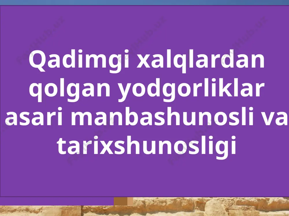 ga oid juda qimmatli ma’lumotlar mavjud. «avesto» kitobi qadimgi xorazm, sug‘d, baqtriya va turkiy yozuvlarida bitilgan yozma manbalar ham vatanimiz tarixini o‘rganishda katta ahamiyatga ega. shuningdek, qadimgi eron hukmdorlarining bitiklari, qadimgi yunoniston (gretsiya), rim va xitoy olimlarining asarlarida ham vatanimiz tarixiga oid qimmatli ma’lumotlar yozib qoldirilgan. e'tiboriz uchun raxmat! image1.jpeg image3.jpeg image4.jpeg image5.jpeg image6.jpeg image7.jpeg image8.jpeg image9.jpeg image10.jpeg image11.jpeg image12.jpeg image13.jpeg image14.png image15.png image16.jpeg image17.jpeg image18.jpeg image19.jpeg image20.png image21.png image22.jpeg image23.jpeg image24.jpeg image25.jpeg image26.jpeg image27.jpeg image28.jpeg image2.jpeg untitled