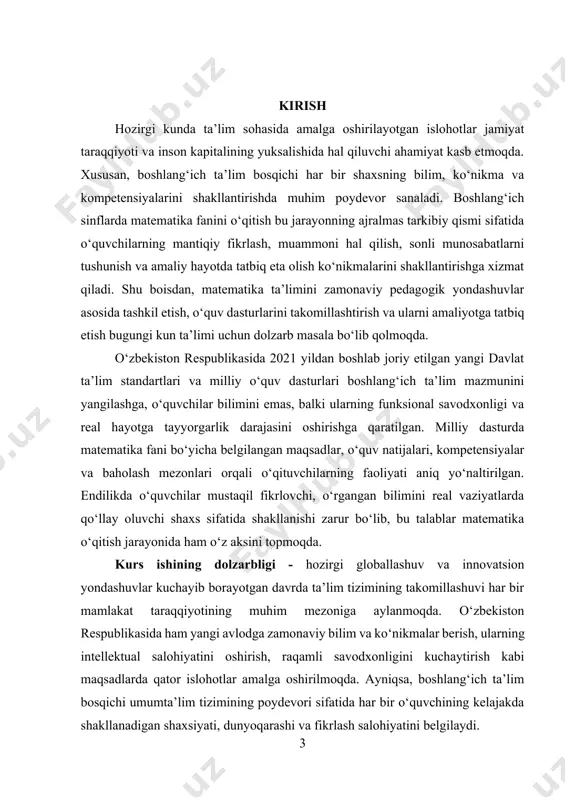 mmoli vaziyatlarni hal qilish ko‘nikmalarini shakllantiradi. shu sababli matematika fanini zamonaviy yondashuvlar asosida o‘qitish, bu borada milliy o‘quv dasturida belgilangan yangi kompetensiyalar, yondashuvlar va baholash mezonlarini to‘g‘ri qo‘llash bugungi kunda dolzarb masalalardan biri hisoblanadi. kurs ishining obyekti — boshlang‘ich sinflarda matematika fanini o‘qitish jarayonidir. ushbu jarayonda o‘qituvchi, o‘quvchi va o‘quv muhitining o‘zaro ta’siri orqali ta’limiy maqsadlar ro‘yobga chiqariladi. kurs ishining predmeti — matematika ta’limida milliy o‘quv dasturining mazmuni, metodik talablari va ularni o‘quv jarayoniga samarali integratsiya qilish yo‘llaridir. kurs ishining maqsadi — boshlang‘ich sinflarda matematika darslarini milliy dastur asosida tashkil etishning ilmiy-nazariy asoslarini o‘rganish, amaliyotda qo‘llanilayotgan metodik yondashuvlarni tahlil qilish hamda ularning samaradorligini yoritishdan iborat. kurs ishining vazifalari: 1. boshlang‘ich sinfda matematika fanining o‘qitilishidagi dolzarb metodik muammolarni aniqlash. 2. milliy dasturda belgilangan ta’limiy maqsad va kompetensiyalarni tahlil qilish. 3. matematika darslarini tashkil etishda zamonaviy interfaol metodlardan foydalanish yo‘llarini yoritish. 4. o‘quvchilarning bilim, ko‘nikma va malakalarini baholashda milliy dastur asosida ishlab …