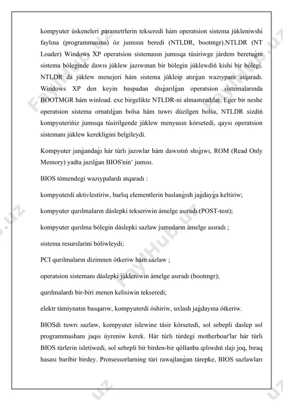 jaǵdayına ótkeriw. biosdi tuwrı sazlaw, kompyuter islewine tásir kórsetedi, sol sebepli daslep sol programmashanı jaqsı úyreniw kerek. hár túrlı túrdegi motherboar'lar hár túrlı bios túrlerin isletiwedi, sol sebepli bir birden-bir qóllanba qılıwdıń ılajı joq, bıraq hasası baribir birdey. protsessorlarning túri rawajlanǵan tárepke, bios sazlawları da qıyınlasıp barıp atır. bul bolsa, qosımsha qıyınshılıqlar tuwdırıp atır.phoenix technologies. bios túrine qaray, onıń kórinisi de ózgerip baradı, onıń túrinen tısqarı bir neshe versiyaları da ámeldegi, bul versiyalar da jańalanıp barıwı kerek.tiykarǵı kirisiw shıǵıw sistemasınan ibarat bolǵan bios, anakartdagi kishi yad kartasında saqlanadı. qurılmanıń qanday islewin ózgertiw yamasa mashqalalardi saplastırıwda járdem beriw ushın bios-ga kiriwińiz múmkin.bul post ushın juwapker bolǵan bios hám usınıń menen kompyuterdi jumısqa túsiriwde birinshi programmalıq támiynattı islep shıǵaradı. bios firmware programması waqtınshalıq emes, yaǵnıy onıń sazlamalari qurılmadan quwat alıp taslanǵanınan keyin de saqlanadı hám qayta tiklenedi.bios by-os retinde belgilenedi hám geyde sistema bios, rom bios yamasa pc bios dep ataladı. biraq, …