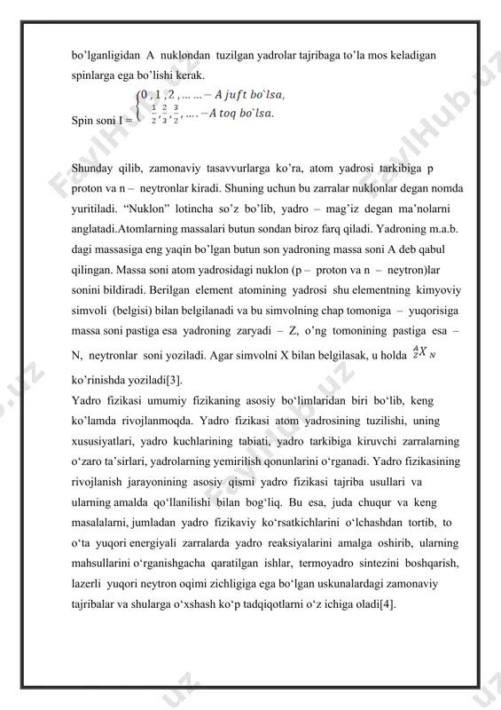 i xili elektr jihatdan neytral bo’lib qolar edi . agar bunday bo’lsa ,yadrolar atrofidagi orbitalarda harakatlanayotgan elektronlar atomda qanday ushlanib turishi tushunarsiz edi . orbitalarda elektronlar gravitatsiya kuchi (butun olam tortishish kuchi) ta’sirida ushlab turiladi deb o’ylash mumkin . biroq hisoblashlarning ko’rsatishicha ,butun olam tortishish kuchi atom yadrosi atrofida harakatlanayotgan elektronlarni orbitada ushlab turishga yetarli emas ekan . 1932-yilda ingliz fizigi ,rezerfordning shogirdi d. chedvik yangi zarra – neytronni kashf etdi .bu kashfiyot yadro fizikasi uchun muhim voqea edi . shu yili fizik olim d.d.ivanenko va nemis fizigi v. geyzenberg neytronning ochilishiga doir tajribalarga tayanib ,atom yadrosining yangi nazariyasini yaratdilar. ular yadrolarda elektronlar bo’lishi mumkin emasligini nazariya ravishda asoslab berdilar . d.d.ivanenko va v. geyzenberg nazariyasiga ko’ra barcha atom yadrolari tarkibiga faqat ikki xil zarra : protonlar va neytronlar kiradi . qator olimlarning kelgusi eksperimental tadqiqotlari bu nazariyaning to’g’ri ekanligini isbot qildi . yadroning proton neytronli nazariyasi hozirgi vaqtda butun …