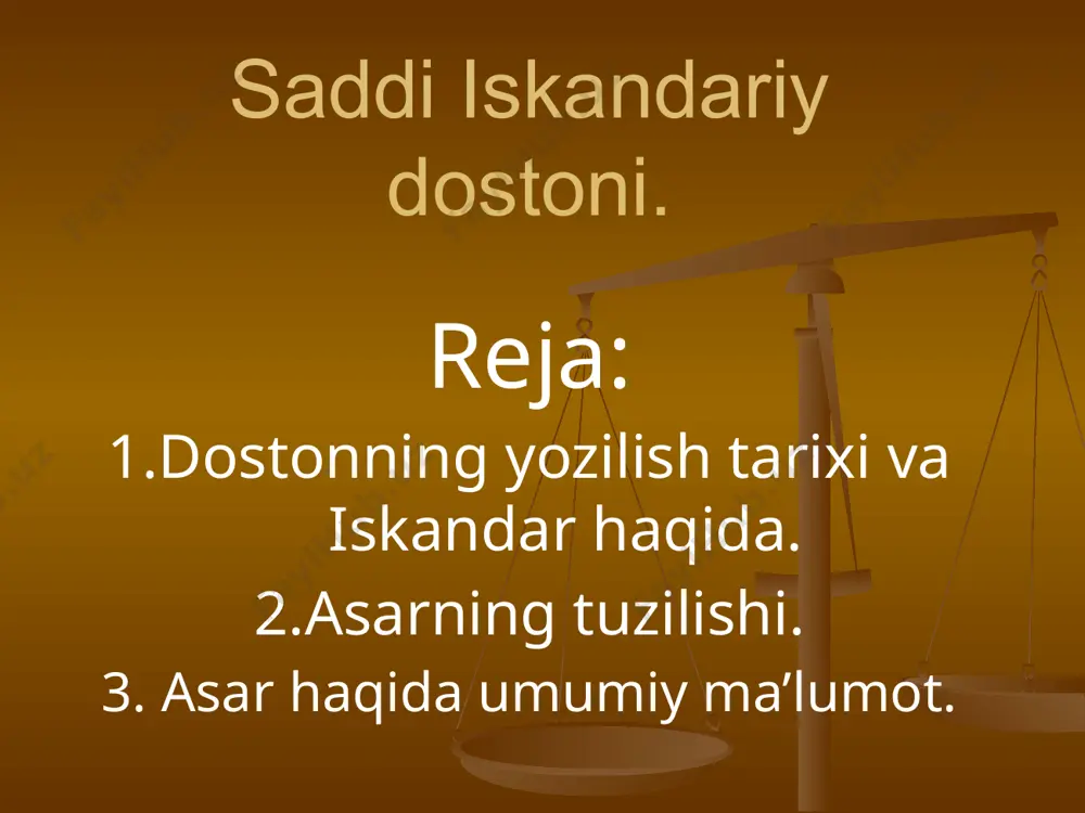 dostondir. u 89 bob va 7215 baytdan tashkil topgan. aruzning mutaqorib bahrida (faulo’n faulo’n faulo’n faul) (v - - v - - v - - v - ) yozilgan. asar voqeyalari iskandarning tug’ilishidan boshlanadi. umuman, iskandarning nasl-nasabi antik zamonlar olimlari turlicha fikirlar bildiradilar. ba’zilar uni eron shohi doro ii ning o’g’li qilib ko’rsatadilar. ba’zilar esa misr firavnlariga olib borib bog’laydilar. yana bir nuqtai nazarga ko’ra – u topib olingan farzand. faylaqus(filipp ii )tangridan farzand so’rardi. bir kuni ovdan qaytarkan, shaxarga kiraverishda vayronada yangi ko’zi yorigan ayolga duch keladi. chaqaloq o’g’il bola bo’lib,sergak, ona esa o’lib bo’lgan edi. shoh o’likni dafn ettiradi, bolani o’g’il qilib oladi. unga iskandar deb nom qo’yib, uning tarbiyasi bilan shug’illanadi. o’limi oldidan esa uni valiahd qilib tayinlaydi va o’z o’rniga shoh qili qo’yadi. navoiy o’z dostoniga shu muqobil (variant)ni asos qilib oladi. shoir iskandar tarixini yozmoqchi emas. iskandar bilan bog’liq voqealarning ma’nosini ochmoqchi. shuning uchun voqeyalar …
