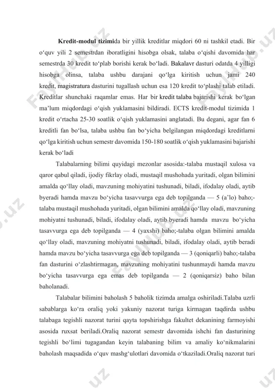 a oshiriladi.talaba uzrli sabablarga ko‘ra oraliq yoki yakuniy nazorat turiga kirmagan taqdirda ushbu talabaga tegishli nazorat turini qayta topshirishga fakultet dekanining farmoyishi asosida ruxsat beriladi.oraliq nazorat semestr davomida ishchi fan dasturining tegishli bo‘limi tugagandan keyin talabaning bilim va amaliy ko‘nikmalarini baholash maqsadida o‘quv mashg‘ulotlari davomida o‘tkaziladi.oraliq nazorat turi har bir fan bo‘yicha fanning xususiyatidan kelib chiqqan holda 2-martagacha o‘tkazilishi mumkin.semestr davomida haftasiga 2 akademik soatdan (tibbiyot oliy ta’lim muassasalarida 4 akademik soatdan) kam bo‘lgan fanlar bo‘yicha oraliq nazorat turi o‘tkazilmaydi.talabani oraliq nazorat turi bo‘yicha baholashda, uning o‘quv mashg‘ulotlari davomida olgan baholari inobatga olinadi.oraliq nazorat turi bo‘yicha talabaning bilimini baholash o‘quv mashg‘ulotlarini olib borgan professor-o‘qituvchi tomonidan amalga oshiriladi.tegishli o‘quv yili yakuni bo‘yicha fanlar bo‘yicha «3» (qoniqarli) yoki «4» (yaxshi) yoxud «5» (a’lo) baho bilan baholangan talaba keyingi kursga o‘tkaziladi.talaba tegishli fan bo‘yicha yakuniy nazorat turi o‘tkaziladigan muddatga qadar oraliq nazorat turini topshirgan bo‘lishlari shart.oraliq nazorat turini topshirmagan, shuningdek ushbu nazorat turi …