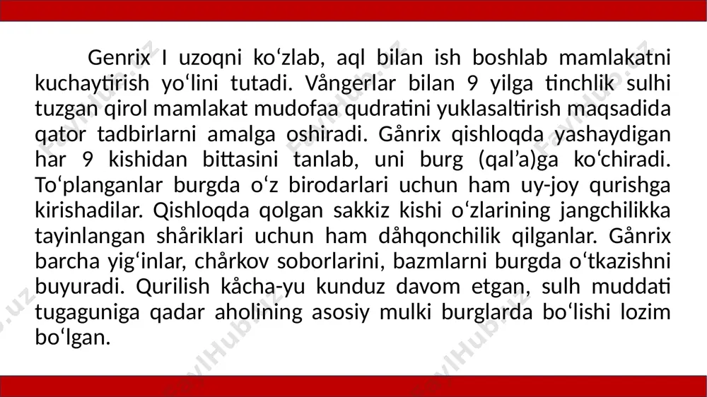 huquq va imtiyozlar beradi. natijada cherkov zodagonlari o‘z imkoniyatlari, hokimyatlari bo‘yicha gersog va graflardan kam bo‘lmagan. imperatorning o‘zi esa kerakli odamni cherkov lavozimiga tayinlagan, zarur bo‘lsa yepiskoplarni va hatto, rim papalarini hech qiyinchiliksiz almashtirgan. xususan, otton i rimda ko‘plab yepiskoplar ishtirokida o‘zi yoqtirmagan papalardan birining ustidan sud jarayonini uyushtirib, uni tahqirli holatda vazifasidan chetlatgan. uning vorisi otton iii esa o‘zining ustozi gerbertning silvestr iii (999–1003) nomi bilan rim papaligiga saylanishiga erishgan. image1.png image2.png image3.png image4.png /docprops/thumbnail.jpeg