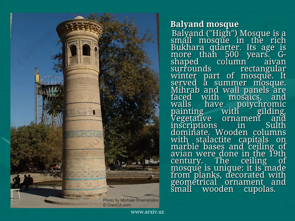61) was a pupil of outstanding khorezm sufi nadjm ad-din qubro (died in 1220). he chose bukhara for preaching where founded famous "qubraviyyah" khanaka. sheikh boharzi converted golden horde's khan berke into islam. in the middle of the 13th century he headed bukhara madrassah, established by ma'sud-beg, mongolian minister and muslim. sheikh was buried in fatkhabad.the mausoleum above his tomb arose at the end of the 13th century. dome building of khanaka with portal was buiit in the 14th century. khanaka had been operating till the end of 18th century. mausoleum of buyan kuli khan (late 14th c., 15th or 16th c.) www.arxiv.uz www.arxiv.uz www.arxiv.uz www.arxiv.uz www.arxiv.uz www.arxiv.uz lyabi-hauz (lit. "shore of pool") is very popular among travelers. it is the largest artificial reservoir of medieval bukhara. it was installed around 1620 between khanaka and madrassah, constructed by the order of khan's vizier nadir divan-beghi. the two new buildings and …