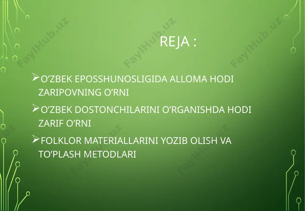 y hayot tarzi, ibtidoiy qarashlar, mifologik va diniy- ilohiy qatlamni jiddiy o‘rganish bilan birga "bek bo‘b o‘tgan qoraxon”, "mahmudni fildan qulatgan" kabi misralarda nomlarigina saqlanib qolgan tarixiy shaxslar faoliyatini dostonlarning ayni o‘rinlari bilan qiyoslashga alohida e’tibor berish lozimligini vaqti-vaqti bilan eslatib turardilar. bunga olimning shogirdi temir ochilovga "mamatkraim polvon" dostonining tarixiy asoslari" mavzusini nomzodlik dissertatsiyasi sifatida tavsiya etgani, o‘zi jangovor ot obrazi haqida talqiqot olib borgani ham yaqqol misoldir. hodi zarif folklor asarlarining tabiatiga zid bormasdan uni yozib olishni talab etadigan olim. u har bir folklor materiali nafaqat og‘zak adabiyot, balki, shevashunoslik, etnografiya kabi fan sohalari uchun ham muhim ahamiyat kasb etishini alohida ta’kidlaydi. hodi zarifning o‘zbek xalq eposshunosligida tutgan o‘rni quyidagilarda ko‘rinadi: xalq eposini yozib olish, nashr etish ishlaridagi fidoyi faoliyatida; epik asarlar syujet tizimi motivlar tarkibi, obrazlar rang-barangligi va ularning genetik asoslarini tadqiq etishdagi xizmatlarida; xalq eposining variant va versiyalarini yaratilishi, ularga ilmiy baho berilishidagi xizmatlarida; folklor matnlarini …