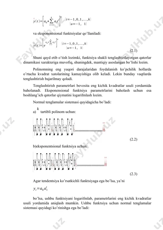 r asosida qatorlar dinamikasining rivojlantirish tendentsiyasini tavsiya etish uchun eng qulay funktsiya qaysi biri ekanligini hal qilish masalasi murakkab bo’ladi. bunday hollarda funktsiya shakllarini aniqlashning quyidagi ikki xil usulidan foydalanish mumkin: o’rta kvadratik xatolar minimumi usuli bilan funktsiya tanlash; dispersion tahlil usulini qo’llash orqali funktsiya tanlash. mantiqiy tahlil hamda tadqiqot tufayli qo’lga kiritilgan shaxsiy tajriba asosida qator turli xil funktsiyalar tanlab olinadi va ularning parametrlari baholanadi. shundan so’ng har bir funktsiya uchun quyidagi formula asosida o’rta kvadratik xatolar aniqlanadi: , (2.5) bu erda: qatorlar dinamikasining qiymati; qatorlar dinamikasi qiymatlarini tenglashtirish; funksiya parametrlari soni. mazkur usul faqat tenglama parametrlarining teng sonida natijalar beradi. ikkinchi usul dispersiyalarni taqqoslashdan iborat. o’rganilayotgan qatorlar dinamikasi umumiy variatsiyasini ikki qismga, ya’ni tendentsiyalar tufayli sodir bo’ladigan variatsiyalar va tasodifiy variatsiyalar yoki bo’lishi mumkin. umumiy variatsiya quyidagi formula bo’yicha aniqlanadi: , (2.6) bu erda, - qatorlar dinamikasining o’rtacha darajasi. tasodifiy variatsiyalar quyidagi formula orqali aniqlanadi: . (2.7) umumiy …