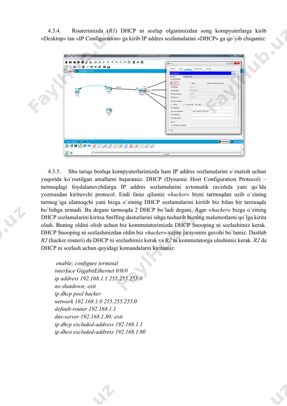 komandalarni kiritamiz: enable configure terminal ip dhcp snooping vlan 1 interface fastethernet 0/1 ip dhcp snooping trust exit 4.3.7. r1 sozlash rejimiga quyidagi komandani kiritamiz: ip dhcp relay information trust-all 4.3.8. yuqoridagi sozlamalarni kiritganimizdan so`ng keyingi bosqichda dhcp snooping qaysi portga ulanganligini tekshirib ko`ramiz. buning uchun quyidagi komandani kommutator sozlash rejimiga kiritamiz: do show ip dhcp snooping yuqoridagi sozlamalar o`rnatilganidan so`ng lokal tarmoqqa «hacker» ulangan taqdirda ham «hacker» o`zining ip addres sozlamalarini tarmoqdagi kompyuterlarga kirita olmaydi. sababi biz kommutatorda dhcp snooping ni ishga tushirdik. 4.4. topshiriq 1. dhcp protokoli haqida tushinchaga ega bo’lish 2. dhcp snooping haqida tushunchaga ega bo’lish 3. cpt dasturida dhcp snooping ni sozlash 4.5. nazorat savollari 1. telnet protokoli nima? 2. ssh protokoli nima? 3. dhcp nima? 4. dhcp snooping nima? 5. sniffing nima? 6. ospf va rip nima? 7. topologiya nima? 8. port xavfsizligi (port security) nima? topshiriq 1. dhcp protokolini o’rganib chiqish 2. cpt …