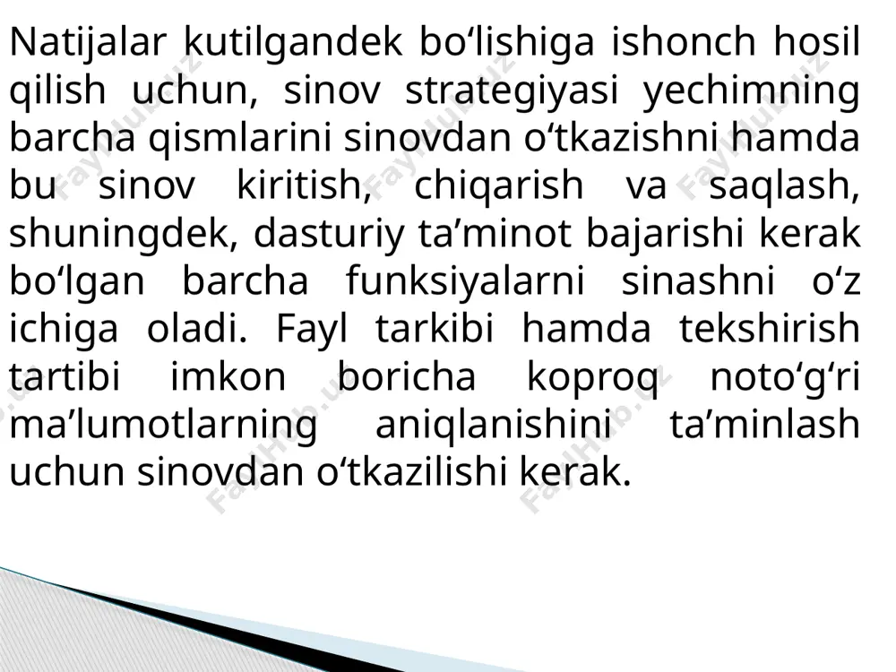 tadi. barcha fayllar yuklangan boʻlishi va foydalanishga tayyor turishi kerak hamda hamma xodimlarga mashgʻulot oʻtilgan va tizim toʻliq sinovdan oʻtgan boʻlishi kerak yuqorida imtihon kengashi haqidagi misolda oʻzgartirish vaqtida saqlab qolinishi kerak boʻlgan juda muhim maʼlumotlarni oʻz ichiga olgan, natijalarni ishlab chiqaradigan qism toʻgʻri ishlamasa, natijalar vaqtida ishlab chiqarilmaydi. bu tashkilot uchun vaqtning ahamiyati katta ekaniga juda muhim misol boʻlib, shuning uchun bevosita oʻtish usuli mos kelmaydi. bevosita oʻtishning afzalligi – uni amalga oshirish oddiy va arzon, kamchiligi esa, agar toʻgʻri rejalashtirilmasa va sinalmasa tashkilot faoliyati toʻxtab qolishi mumkin. bosqichma-bosqich amalga oshirish bosqichma-bosqich amalga oshirishda tizimning bir qismi oʻzgartiriladi, qolgan qismi esa eski usulni qoʻllashda davom etadi bizning misolda baholar yangi kiritish usullarini yordamida yangi kompyuterlashgan tizimdan kiritilishi mumkin. qayta ishlash va natijalarni chiqarish esa eski tizimda amalga oshiriladi. bu eski tizimning ma’lumotlarni qayta ishlash qismi yangi tizimning ma’lumotlarni qayta ishlashning yangi dasturiy taʼminotiga almashtirilayotganida yangi kiritish tizimini toʻliq sinab …