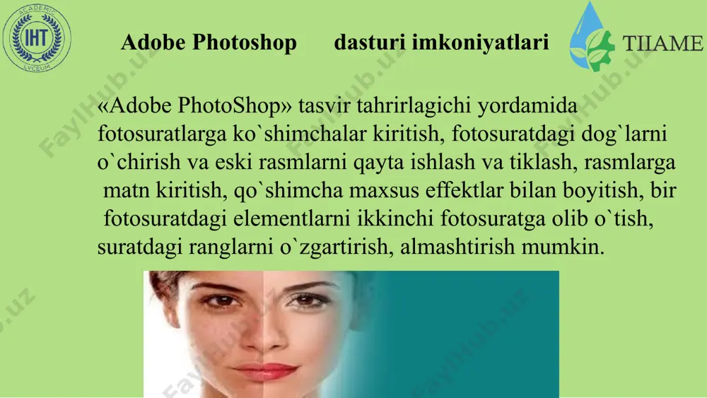 rqаli аsоsiy rаng vа fоn rаnggi o`rin аlmаshаdi. стандартный цвет. kursоrni ushbu tugmаchа ustidа bir mаrtа bоsish оrqаli аsоsiy rаng vа fоn rаnggi stаndаrt rаnglаr - qоrа vа оq rаnggа аlmаshtirаdi. kompyuter grafikasi ommaviy tarzda qo‘llaniladi va tasvirlami kompyuter xotirasida saqlash uchun ko‘plab formatlar ishlab chiqilgan. ulardan ba’zilari keng tarqalgan, ba’zilari faqat tor sohada ishlatiladi. bmp (ingliz tilidagi bitmap picture) gif (graphics interchange format) tiff (ingliz tilidagi tagged image file format) jpeg (joint photographic experts group) pcx (pc exchange) raw (ingliz tilida raw) png (portable network graphics) pdf (ingliz tilida portable document format) grafik formatlar grafik formatlar bu formatlar yordamida tasvirlami nafaqat photoshopda, balki boshqa ilovalarda ham ochish va ular bilan ishlash mumkin. photoshop bu formatlardan tashqari o‘zining bir nechta maxsus formatiga ham ega. bu formatlar orasida ko‘p ishlatiladigani .psd kengaytmalisidir. bu formatda saqlangan tasvirda photoshopning barcha imkoniyatlari saqlab qo‘yiladi. shu sababli, qayta ishlash tugallanmagan tasvirlami shu formatda saqlash va …