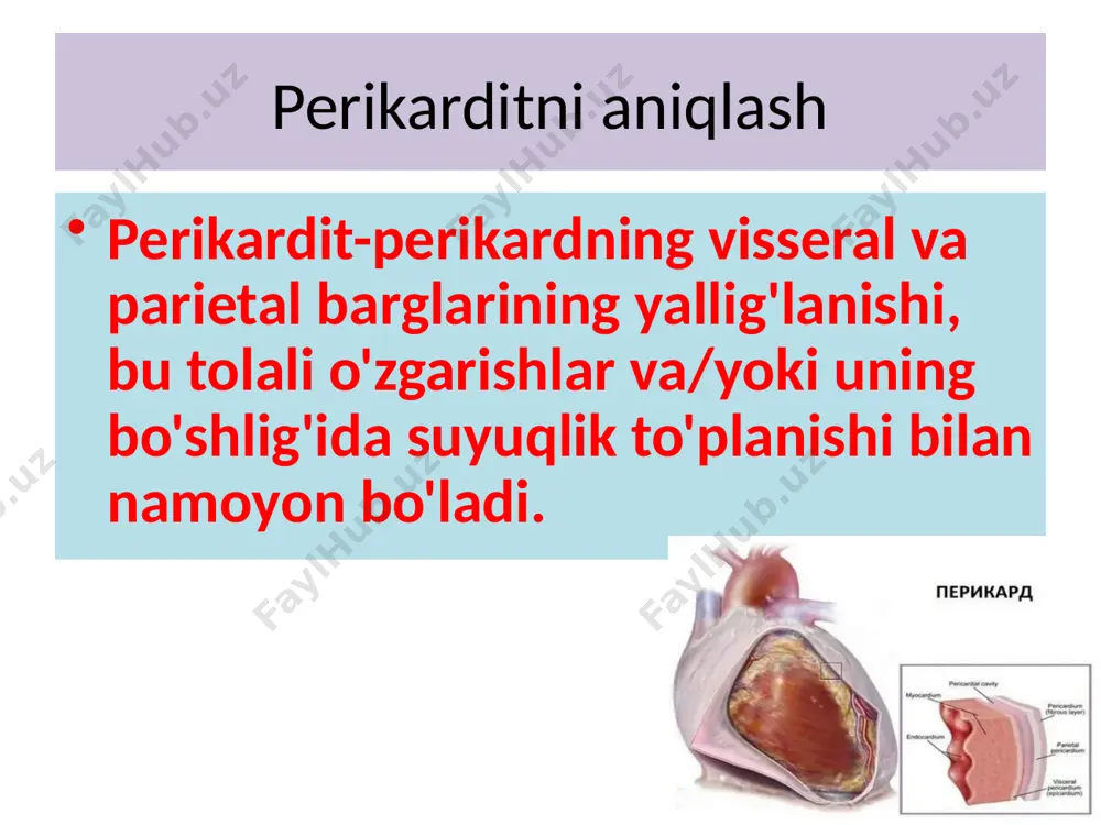 ga (qorning siqilishiga o'xshaydi), o'zgaruvchan, sistola va diastolada tinglanadi, yurakning mutlaq xiralik zonasida yaxshiroq tinglanadi, hech qanday joyga olib borilmaydi, ba'zida faqat fonendoskop tomonidan kuchli bosim bilan aniqlanadi. ekssudativ perikardit ekssudativ perikardit ko'pincha oqibati yuqumli va ba'zan allergik yallig'lanish. odatda revmatizm, sil, stafilokokk va streptokokk infektsiyasini murakkablashtiradi. suyuqlik to'planishi bilan perikardning shikastlanishi toksik holatlarga (uremiya), transmural miokard infarktida mexanik tirnash xususiyati (dressler sindromi), jarohatlar va yurak jarrohligiga olib kelishi mumkin. o'tkir ekssudativ perikardit asosiy kasallikning yo'nalishini og'irlashtiradi, klinik ko'rinishda birinchi o'ringa chiqadi. o'tkir ekssudativ perikarditning klinik ko'rinishi perikarddagi suyuqlik miqdoriga va yuqumli jarayonning og'irligiga bog'liq. alomatlar:- sinus taxikardiyasi; - subfebril isitma; - aniq doimiy nafas qisilishi; - bemorning majburiy holati-tanani oldinga egib o'tirish, tiz cho'kish va yostiqqa qarshi turish; - ekssudat bilan pastki vena kavasini siqib chiqarganda, jigar kattalashadi va og'riqli bo'ladi, astsit tez o'sadi, oyoqlarda shish paydo bo'ladi; - o'tkir ekssudativ perikardit 2 o'tkir ekssudativ perikardit 3 yurak mintaqasida, …