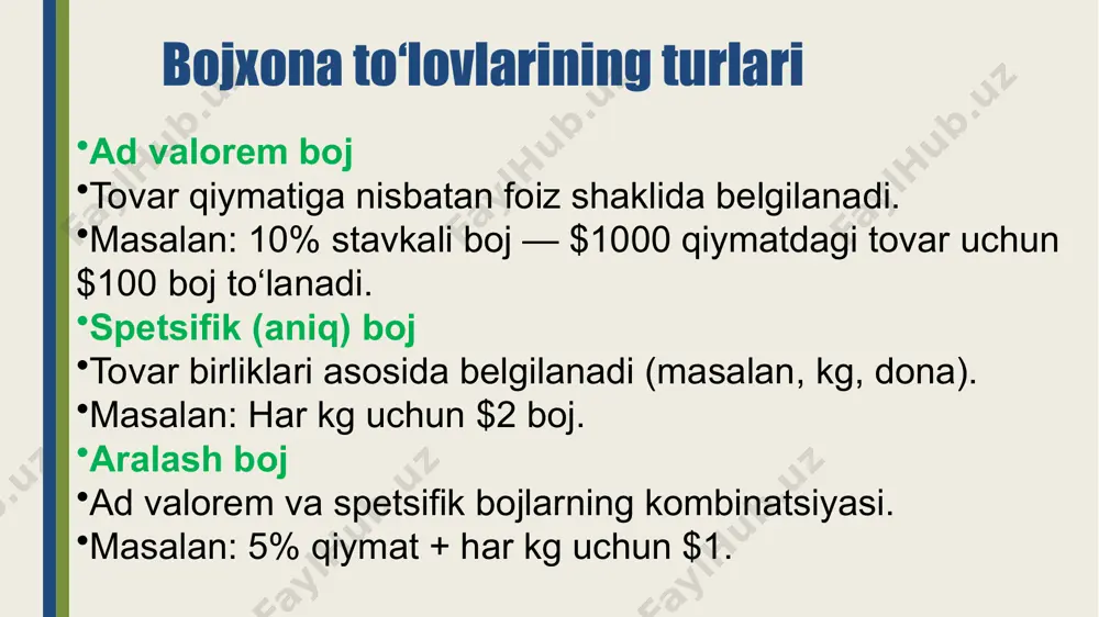 i eksport qilinayotgan tovarlar uchun bojxona deklaratsiyasi to'ldiriladi. deklaratsiya to'lovlar va soliqlarni hisoblash uchun zarur hujjat hisoblanadi. onlayn to'lov tizimlari: ba'zi mamlakatlarda bojxona to'lovlari va soliqlarini onlayn tarzda to'lash mumkin, bu esa jarayonni yanada qulaylashtiradi. bojxona rasmiylari tomonidan to'lash: bojxona xizmati tomonidan ko'rsatilgan usullar bilan to'lovlar amalga oshiriladi. bu to'lovlar banklar yoki boshqa moliyaviy muassasalar orqali amalga oshirilishi mumkin. xulosa umuman olganda, soliqlar davlat uchun foyda keltiradi va byudjetni shakllantiradigan asosiy tushumlarni tashkil etadi. soliqlarni to'lash davlatga zarur xizmatlar ko'rsatish, infratuzilma yaratish va iqtisodiy barqarorlikni saqlash imkonini beradi. bojxona bojlarini kamaytirish esa yangi imkoniyatlar yaratishi mumkin. bojxona to'lovlarining pasayishi import va eksportni rag'batlantiradi, bu esa tovarlarning narxini kamaytirishi va mahsulotlar sonining oshishiga olib kelishi mumkin. bu, o'z navbatida, yangi ishlab chiqaruvchilarni va boshqa bizneslarni jalb qiladi. bunday tadbirlar savdo hajmini oshirish, yangi bozorlarga kirishni ta'minlash va iqtisodiy o'sishni rag'batlantirishda muhim rol o'ynashi mumkin. shuningdek, konkurrentsiyani kuchaytirishi va sifatli mahsulotlar ishlab …
