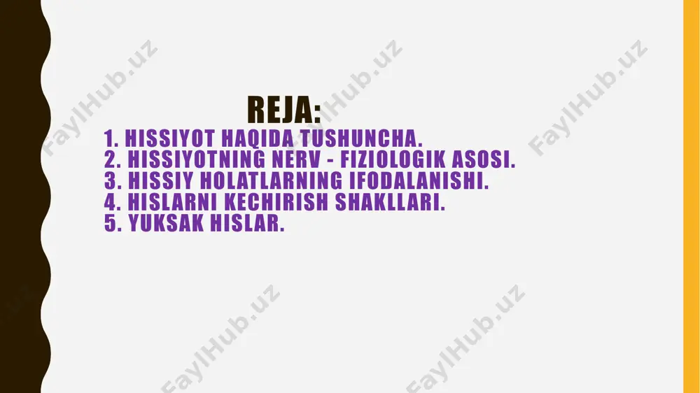 nizm qon tarkibidagi va boshqa suyuqliklardagi kimyoviy o`zgarishlarni, shuning bilan birga modda almashinuvida bo`ladigan o`zgarishlarni o`z tarkibiga oladi. hislarni kechirish shakllari hissiyot kechinmalari turli holatlarda turlicha tezlik bilan paydo bo`ladi.ba`zan hissiyot to`satdan, darhol paydo bo`ladi.masalan, kishi birdan xursand bo`lib ketadi, darhol g`azabga keladi, achchiqlanadi va hokazo.lekin ba`zan shu hissiyotlar daf`atan qo`zg`almaydi, balki sekin–asta tug`ila boshlaydi.shunday hissiy kechinmalarning qay darajada tez paydo bo`lmasligini belgilash qiyin yoki butunlay bilib bo`lmaydi.emotsional kechinmalarning kuchi turlicha bo`lishi mumkn. hissiyotlarni kuchi avvalo yoqimli va yoqimsiz tuyg`ularning naqadar kuchli bo`lishidadir.hissiyotning kuchi shu hissiyotni shaxsning naqadar ehtiros bilan kechirilganligi bilan belgilanadi. hislarning ayni vaqtda naqadar tez, kuchli va barqaror bo`lishiga ko`ra his-tuyg`ularning quyidagi turlari farqlanadi:hissiy ton, emotsiyalar, affekt, stress, kayfiyat va boshqalar. yuksak hislar hissiy jarayonlarning har xilshakllari normal odamda alohida, yakka holda mavjud bo`lmaydi.yuzlab vaminglab kechirilayotgan emotsiyalar, affektlar, kayfiyatlarda aniq yashayadigan umumlashtirilgan hislar yuksak hislar deyiladi.yuksak hislar o`z tarkibiga birinchi soddaroq ko`rinishdagi turli hislarni oladi. 1. praksik …