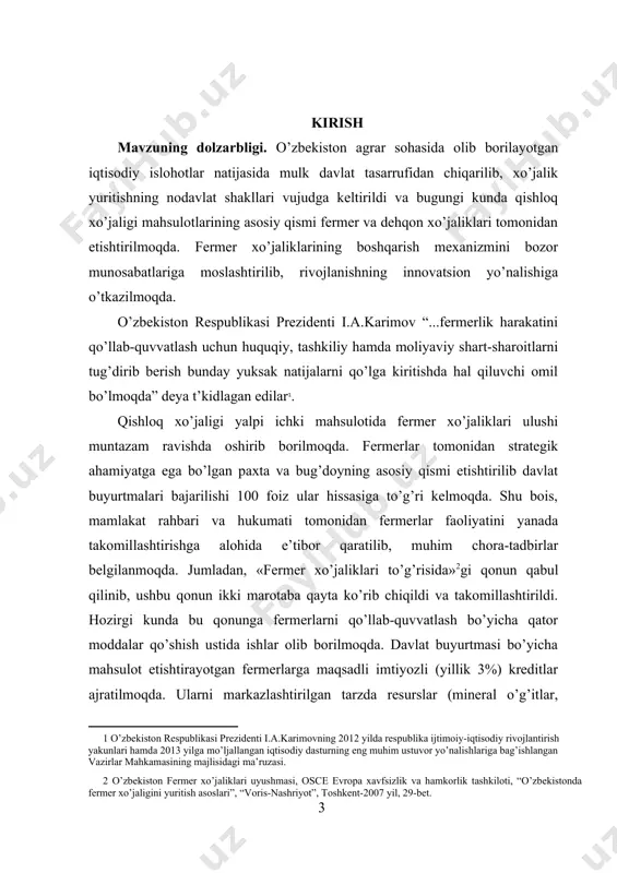 fermerlarni qo’llab-quvvatlash bo’yicha qator moddalar qo’shish ustida ishlar olib borilmoqda. davlat buyurtmasi bo’yicha mahsulot etishtirayotgan fermerlarga maqsadli imtiyozli (yillik 3%) kreditlar ajratilmoqda. ularni markazlashtirilgan tarzda resurslar (mineral o’g’itlar, yoqilg’i-moylash materiallari, urug’lik, texnika) bilan ta’minlash yo’lga qo’yilgan. fermerlarga servis xizmatlari ko’rsatuvchi turli yo’nalishdagi korxonalar tashkil qilingan bo’lib, ularning servis xizmat hajmi muntazam ravishda oshirilib borilmoqda. [2: o’zbekiston fermer xo’jaliklari uyushmasi, osce evropa xavfsizlik va hamkorlik tashkiloti, “o’zbekistonda fermer xo’jaligini yuritish asoslari”, “voris-nashriyot”, toshkent-2007 yil, 29-bet. ] bitiruv malakaviy ishining ob’ekti. o’zbekiston respublikasi agrar sohasidagi fermer xo’jaliklarining boshqaruv faoliyati jumladan, “qilichbek qahramon” fermer xo’jaligi hisoblanadi. bitiruv malakaviy ishining predmeti. o’zbekiston respublikasi fermer xo’jaliklari faoliyatini boshqarish tizimidagi iqtisodiy munosabatlar mexanizmini takomillashtirish bilan bog’liq bo’lgan ilmiy izlanishlar natijalari tadqiqotning predmeti hisoblanadi. bitiruv malakaviy ishining maqsadi. fermer xo’jaliklari faoliyatida samarali boshqarish mexanizmini tashkil qilish hamda ularni rivojlantirishda menejment tizimining hozirgi holatini tahlil qilish asosida fermer xo’jaligini rivojlantirish masalasida menejment rolini oshirish uchun taklif va tavsiyalar …