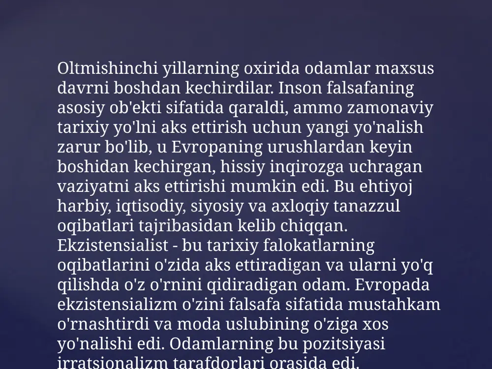 da u asl mohiyatni anglay oladi. bundan tashqari, bu yo'l har bir inson uchun individualdir.eng yuqori yaxshilikka erishishning maqsadlari va usullari ham turlicha.sartrning fikriga ko'ra, tirik inson organizmi mavjudligiga hech qanday sabab yo'q. "u o'zi uchun, uning tanlovi va hayoti uchun sababdir" ekzistensial faylasuflar efirga uzatdilar. bayonotning falsafaning boshqa yo'nalishlari g'oyalaridan farqi shundaki, insoniyat taraqqiyotining har bir hayot bosqichi qanday o'tishi o'ziga bog'liqdir. mohiyatning sifati uning asosiy maqsadga erishish yo'lida amalga oshiradigan harakatlariga ham bog'liq bo'ladi. ekzistensialistik faylasuflar, ma'rifatparvarlardan farqli o'laroq, tarixning qonuniyligini ko'rishga intilmagani uchun, ular ko'p sonli sahobalarni zabt etishni maqsad qilmaganlar. biroq, falsafaning ushbu yo'nalishidagi g'oyalar odamlarning ongiga katta ta'sir ko'rsatdi. sayyoh sifatida insonning mavjud bo'lish tamoyillari, uning asl mohiyatiga qarab, o'z nuqtai nazarini qat'iyan taqqoslamaydigan odamlar bilan parallel ravishda o'z chizig'ini chizadi. e’tiboringiz uchun tashakkur image2.png image3.png image4.png image5.png /docprops/thumbnail.jpeg
