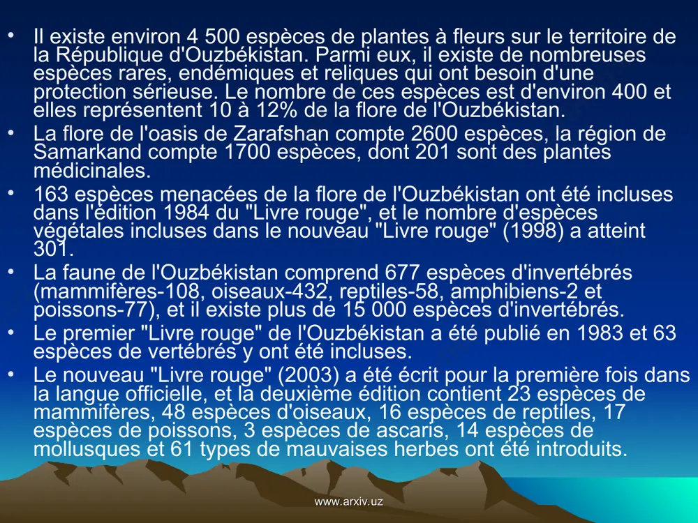 re vivant qui est un miracle dans la nature. mais au lieu de les apprécier et de les apprécier, les gens les blessent, par exemple, ils cueillent les plus grandes et les plus belles fleurs qui viennent de s'ouvrir sur la montagne et en font un bouquet, mais ils ne pensent pas qu'au bout d'un moment ces fleurs vont faner. et le bouquet qui a perdu sa beauté est jeté. www.arxiv.uz www.arxiv.uz beaucoup de travail a été fait dans d'autres pays. par exemple, en france, au pied des montagnes, des "appels" aux gens sur des sujets divers sont collés sur les panneaux, dont l'appel des fleurs aux touristes en vacances : "ne nous coupez pas, si vous nous coupez, vous nous tuez-nous et privez-nous de laisser une descendance." savoir prendre soin des fleurs et les apprécier montre la culture et l'éducation de chacun. les fleurs sauvages sont le trésor de …