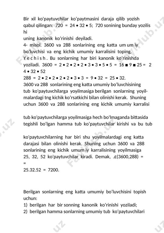 butun nomanfiy son q mavjud boiadiki, uning uchun a = b q boiishligi kelib chiqadi. 1- misol. 8 soni 32 sonining boiuvchisi boiadimi? y e c h i s h. 8 soni 32 ning boiuvchisidir, chunki shunday butun nomanfiy q = 4 son mavjudki, uning uchun 32 = 4 ■ 8 boiadi. eslatma. «beriigan sonning boiuvchisi» atamasini «boiuv- chi» atamasi bilan ajrata olish kerak. masalan, agar 18 ni 5 ga boisak, 5 soni boiuvchi deyiladi, lekin bu son 18 ning boiuvchisi emas. agar 18 ni 6 ga boisak, bunda «boiuvchi» va «berilgan sonning boiuvchisi» atamasi bitta narsani anglatadi. qoida. b soni a sonining boiuvchisi boiganda, a soni b soniga karrali yoki a soni b ga boiinadi deyiladi va a : b kabi yoziladi. 2-misol. 36 sonining barcha boiuvchilarini yozing. y e c h i s h. 36 sonining hamma boiuvchilari chekli va a = {1; 2; 3; 4; 6; 9; …