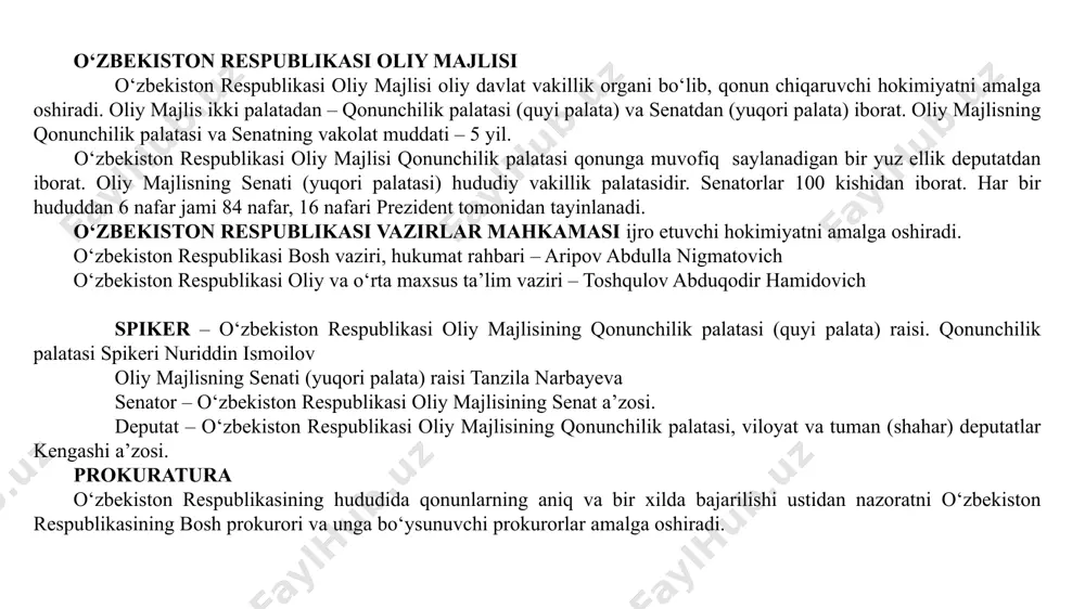 omonidan tayinlanadi. o‘zbekiston respublikasi vazirlar mahkamasi ijro etuvchi hokimiyatni amalga oshiradi. o‘zbekiston respublikasi bosh vaziri, hukumat rahbari – aripov abdulla nigmatovich o‘zbekiston respublikasi oliy va o‘rta maxsus ta’lim vaziri – toshqulov abduqodir hamidovich spiker – o‘zbekiston respublikasi oliy majlisining qonunchilik palatasi (quyi palata) raisi. qonunchilik palatasi spikeri nuriddin ismoilov oliy majlisning senati (yuqori palata) raisi tanzila narbayeva senator – o‘zbekiston respublikasi oliy majlisining senat a’zosi. deputat – o‘zbekiston respublikasi oliy majlisining qonunchilik palatasi, viloyat va tuman (shahar) deputatlar kengashi a’zosi. prokuratura o‘zbekiston respublikasining hududida qonunlarning aniq va bir xilda bajarilishi ustidan nazoratni o‘zbekiston respublikasining bosh prokurori va unga bo‘ysunuvchi prokurorlar amalga oshiradi. o‘zbekiston respublikasi davlat bayrog‘i davlatning ramziy belgilaridan biri bo‘lmish davlat bayrog‘i maxsus qonun bilan belgilangan yoki konstitutsiya asosida rasmiylashtiriladi. o‘zbekiston respublikasi davlat bayrog‘i 1991-yil 18-noyabrda oliy kengashning vii sessiyasida tasdiqlangan. davlat bayrog‘ining uzunligi – 250 sm, kengligi – 125 sm. o‘zbekiston respublikasi davlat gerbi davlat gerbi – davlat …