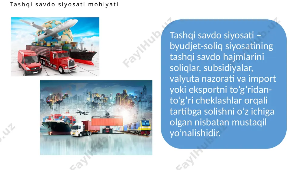 ri qiymatida qayd etilib, oʻtgan yilning shu oyiga nisbatan 673,5 mln. aqsh dollariga kamaydi. hududlar kesimida respublika eksporti tarkibida eng yuqori ulushni toshkent shahri 19,5% ulush bilan 2 954,7 mln. aqsh dollarini tashkil etdi. respublika eksporti tarkibida eng quyi ulushni jizzax viloyati 0,8% ulush bilan 124,1 mln. aqsh dollarini tashkil etdi. 2020 2019 2020- yilning yanvar-dekabr oylarida import hajmi 21 171,5 mln. aqsh dollarini va 2019- yilga nisbatan 87,2% ni tashkil etdi. import tarkibida eng katta ulush, mashinalar va transport asbob-uskunalari (37,6%), sanoat tovarlari (16,9%) hamda kimyoviy vositalar va boshqa toifalarga kiritilmagan shunga oʻxshash mahsulotlar (13,7%) hisobiga toʻgʻri keldi. — biror molni mamlakatga sotish uchun olib kirish. import mamlakati, deganda import qilinayotgan mol ishlab chiqarilgan mamlakat tushuniladi. 2019- yilga nisbatan 12,8% kamaygan tovarlar importi dinamikasi tahliliga koʻra, 2020- yilning yanvar-dekabrida import qilingan tovarlar hajmi, oʻtgan yilning mos davriga nisbatan 1 911,3 mln. aqsh dollariga kamaydi va 19 955,1 mln. aqsh …