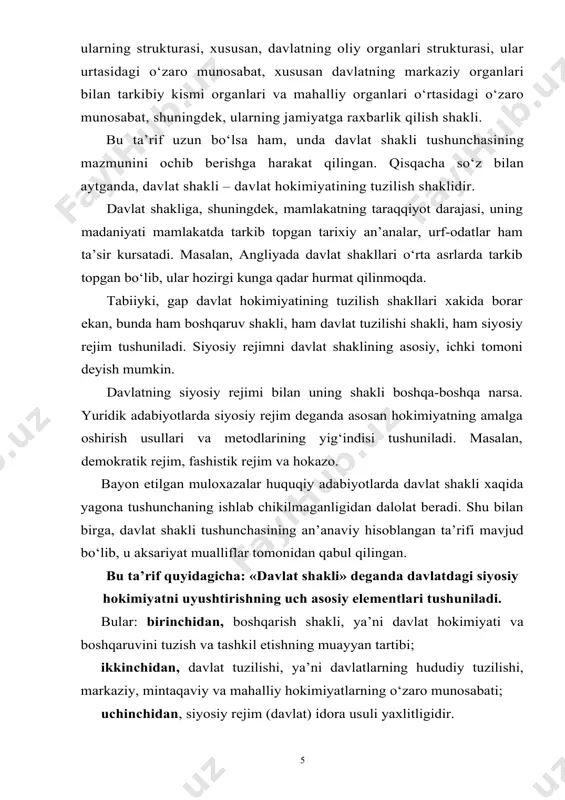 akli, ya’ni davlat hokimiyati va boshqaruvini tuzish va tashkil etishning muayyan tartibi; ikkinchidan, davlat tuzilishi, ya’ni davlatlarning hududiy tuzilishi, markaziy, mintaqaviy va mahalliy hokimiyatlarning o‘zaro munosabati; uchinchidan, siyosiy rejim (davlat) idora usuli yaxlitligidir. shunday qilib, davlat shakli deganda uch tarkibiy qismi - boshqaruv shakli, davlat tuzilishi shakli, siyosiy rejim: ya’ni davlat idora usuli birlikda olingan siyosiy hokimiyat tashkiloti tushuniladi2. boshqaruv shakli – davlat hokimiyati va boshqaruvi oliy idoralarining tashkil etilishi va uyushtirilishining muayyan tartibidir. davlatning tuzilishi shakli – davlatning ma’muriy-hududiy tuzilishi, markaziy, mintakaviy va maxalliy hokimiyatlar o‘zaro munosabatlarining muayyan tartibidir. siyosiy rejim (davlat idora usuli) – siyosiy (davlat) hokimiyatini amalga oshirishning usul va metodlaridir. davlat tuzilishi shakli tushunchasi va uning mohiyati fuqarolar soni va hudud ko‘lami muayyan chegaraga yetganda mamlakat hududini okruglar, viloyatlar, o‘lkalar, shtatlar, kantonlar, guberniyalar, tuman singari hududlarga bo‘lish hamda shu hududiy tuzilmalarda hokimiyatning mahalliy (hududiy) organlarini tuzish zarurati tug‘ilaladi. har qanday davlat muayyan hududda joylashgan. uning fuqarolari …