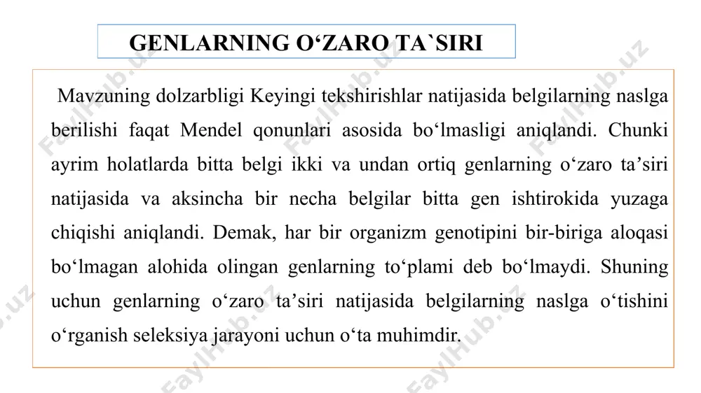 ajralish 9:3:4 nisbatda bo‘ladi. bunda misol qilib qora (aavv) va oq (aavv) sichqonni chatishtirish natijasini ko‘rsatish mumkin. chunki gomozigot retsessiv aa genli sichqonlar vv yoki vv allelli genlar ustidan dominantlik qilib, (aa› v yoki aa›vv) sichqon rangini chiqarmaydi. epistazlik xodisasi kulrang (ssvv) va qora (ssvv) otlarni chatishtirishda ko‘rish mumkin f1 avlod kulrang bo‘lib, ikkinchi avlodda 12:3:1 nisbatda ajralish kuzatiladi. genlarni komplementar taʼsiri genotipdagi allel bo‘lmagan genlarni birgalikda yangi belgining rivojlanishiga olib kelishi. генларни комплементар таъсири ikki juft komplementar genlar o‘zaro taʼsirida qovoq mevasi shaklini irsiylanishi. polimer genlar naslga o‘tish qonuniyatlarini shved genetigi nilson-ele birinchi marta 1908 yilda qizil va oq donli bug‘doy navlarini o‘zaro chatishtirishda aniqladi. pleyotropiya [yun. pleon – ancha ko‘p sonli va tropos – burilish, yo‘nalish] – genning ko‘p tomonlama, yaʼni bir nechta belgilarning rivojlanishiga taʼsir ko‘rsata olish xususiyati. pleyotropiya hodisasi genotip nazorat qilib turadigan reaksiyalar mahsuloti darajasida o‘zaro taʼsir ko‘rsatadigan genlar tizimi bilan bog‘liq. amalda har bir …