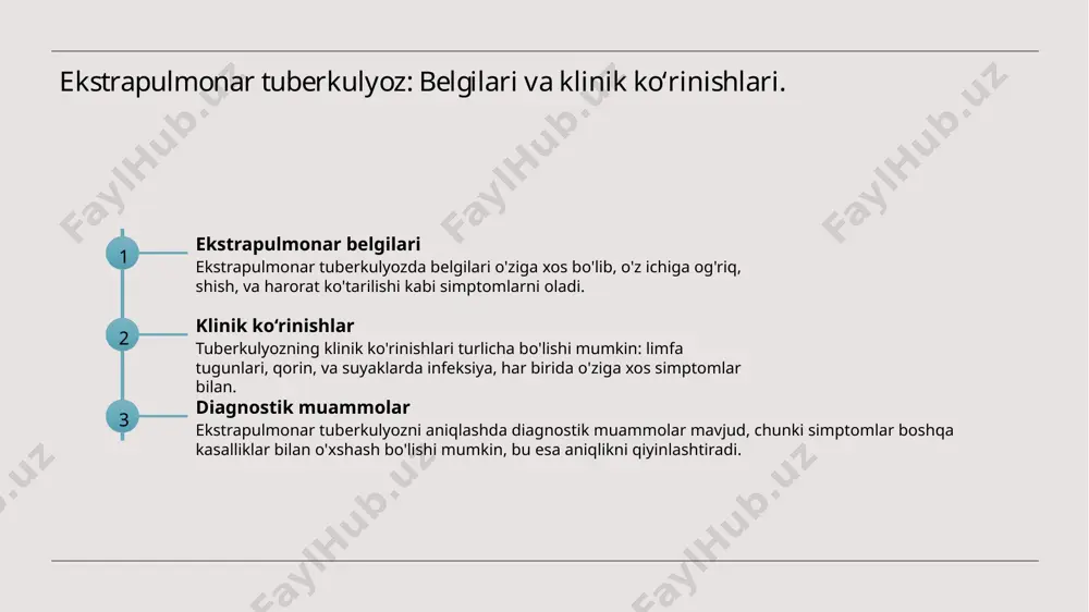 a alternativa sifatida muhim rol o'ynaydi, bu esa tuberkulyozni erta aniqlash imkonini yaratadi. tasviriy diagnostika usullarining samaradorligini baholash kriteriylari. 1 tasviriy usullar tahlili tasviriy diagnostika usullarini baholashda ularning aniqlik darajasi, sezgirlik va maxsuslik kabi kriteriyalar muhim ahamiyatga ega. 2 klinik natijalar tasviriy diagnostika usullarining samaradorligini baholashda klinik natijalar, ya'ni kasallikning rivojlanishi va davolanishdagi o'zgarishlar e'tiborga olinadi. 3 resurs tejamkorligi tasviriy usullarni baholashda iqtisodiy jihat ham muhimdir. ularning samaradorligi, xarajatlar va vaqtni tejash imkoniyatlari hisobga olinadi. xulosa ekstrapulmonar tuberkulyozni aniqlash ekstrapulmonar tuberkulyozni aniqlashda radiologik va tasviriy diagnostika usullari katta ahamiyatga ega, bu esa to‘g‘ri va o‘z vaqtida davolanishni ta’minlaydi. tasviriy diagnostika usullari rentgen, kompyuter tomografiyasi va ultrasonografiya kabi usullar, ekstrapulmonar tuberkulyozni aniqlashda samaradorligini oshiradi va klinik amaliyotda qo‘llaniladi. o‘zbekiston sog‘liqni saqlash sohasidagi rol o‘zbekistonda ekstrapulmonar tuberkulyoz diagnozi uchun radiologik usullarni joriy etish, bemorlarni erta aniqlash va davolashda muhim omil hisoblanadi.