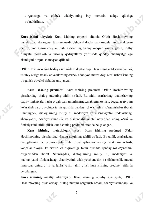 tahlilini o‘rganishda yordam beradi. bu, shuningdek, adabiyotshunoslik bo‘yicha o‘quv dasturlarini yaratishda asos bo‘lishi mumkin. madaniy merosni saqlash: oʻtkir hoshimovning asarlaridagi dialoglar, o‘zbek xalqining ma’naviy qadriyatlari va turmush tarzini aks ettirganligi sababli, bu ish madaniy merosni o‘rganish va saqlashga hissa qo‘shadi. shu tariqa, kurs ishining amaliy ahamiyati, nafaqat adabiyotshunoslik, tilshunoslik, balki badiiy ijod va ta’lim sohalarida ham sezilarli foyda keltiradi. i bob. o‘tkir hoshimov qissalarida dialog nutqining xususiyatlari 1.1. o‘tkir hoshimovning ijodiy faoliyati va asarlarining umumiy ta’rifi o‘tkir hoshimov — o‘zbek adabiyotining eng mashhur va salmoqli yozuvchilaridan biridir. uning ijodiy faoliyati uzoq yillarni qamrab olib, o‘zbek xalqining ruhiy olamini, turmush tarzini va ijtimoiy hayotini badiiy tasvirlashda muhim o‘rin tutadi. hoshimovning asarlarida xalqning yurtga, millatga bo‘lgan sadoqati, insoniy qadriyatlar, axloqiy savodlilik va bir-biriga bo‘lgan hurmat temalari o‘zgacha tarzda yoritilgan. o‘tkir hoshimovning ijodi o‘zining badiiy yuksakligi bilan ajralib turadi. u o‘z asarlarida xalq tilidan, hayotdan, oddiy odamlarning kundalik hayotidan olingan hikoyalar orqali yuqori …