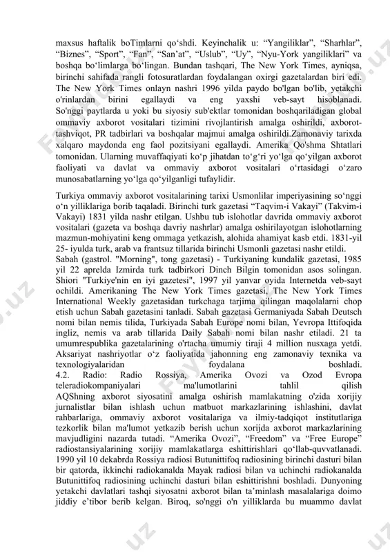 ng ustuvor yo'nalishlarini 20-21-asrlar bo'yida milliy amerika sifatli matbuotida yoritilishi monitoringi natijalari ushbu tezisning misoli bo'lishi mumkin. the times va the sunday times 1999 yil mart oyidan beri internetda mavjud bo'lib, dastlab the-times.co.uk va sunday-times.co.uk veb-saytlarida joylashtirilgan. nyu- york tayms — 1851 -yil 18-sentabrda nyu-york shahrida nashr etilgan amerika kundalik gazetasi. 1970-yillarning o‘rtalaridan boshlab gazeta o‘z mavzusini sezilarli darajada kengaytirdi va axborotini qayta tuzdi, muntazam yangiliklar, tahririyatlar va sport yangiliklarini totdiruvchi turli mavzulardagi maxsus haftalik botimlarni qo‘shdi. keyinchalik u: “yangiliklar”, “sharhlar”, “biznes”, “sport”, “fan”, “san’at”, “uslub”, “uy”, “nyu-york yangiliklari” va boshqa bo‘limlarga bo‘lingan. bundan tashqari, the new york times, ayniqsa, birinchi sahifada rangli fotosuratlardan foydalangan oxirgi gazetalardan biri edi. the new york times onlayn nashri 1996 yilda paydo bo'lgan bo'lib, yetakchi o'rinlardan birini egallaydi va eng yaxshi veb-sayt hisoblanadi. so'nggi paytlarda u yoki bu siyosiy sub'ektlar tomonidan boshqariladigan global ommaviy axborot vositalari tizimini rivojlantirish amalga oshirildi, axborot-tashviqot, pr tadbirlari va …