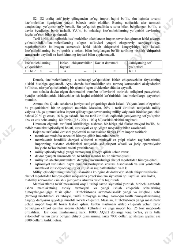 qadar ichki ishlab chiqarish hajmi s1, ichki talab hajmi esa d1 teng bo’lgan. talab va taklif o’rtasidagi farq (d1-s1) import hisobiga qoplangan. mamlakat iqtisodiyoti yopiq bo’lganida baholar darajasi re ga teng, talab va taklif muvozanati esa ye nuqtada o’rnatilgan bo’lar edi. mamlakat iqtisodiyoti ochiq bo’lgani va importga cheklovlar yo’qligi tufayli milliy bozordagi narxlar jahon bozori narxlari rw bilan bir xil. importga tarif joriy qilinishi natijasida ichki baholar rw dan rd ga qadar ko’tariladi. natijada: import qilinadigan tovarning ichki bahosi = jahon bozoridagi bahosi +(jahon bozoridagi bahosi x tarif stavkasi). rd = rw+( rw× tarif stavkasi) p sd pd ichki narx (tarif bilan birga) pw a b c d jaxon bozori narxi dd tariflar joriy kilingandan keyingi import s1 s2 d2 d1 q tariflar joriy kilingunga kadar bulgan import 16.1.-chizma. import tariflari kiritilishi natijalari oqibatda ite’molchilar ma’lum bir yo’qotishlarga duch keladilar. bu yo’qotishlar grafikda a,b,c,d sohalar bilan ko’rsatilgan. baholarning ko’tarilishi ilgari …