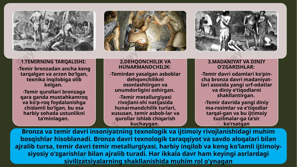tdi. xulosa xulosa o‘rnida shuni ta’kidlash lozimki, anchayin katta bo‘lgan bronza va ilk temir davrlari insoniyatning dastlabki, madaniyat va san’at borasidagi tasavvurlari, dunyoqarashlari, diniy e’tiqodlarining shakllanishida muhim bosqich bo‘lib xizmat qila-di. shuningdek, bu davrda biz bronza va ilk temir davri madaniyati va san’atining o‘ziga xos turli jihatlari bilan tanishib chiqish imkoniga ega bo‘lamiz. bu davrlarning insoniyat dastlabki ibtidoiy tosh davri bosqichlaridan farqi, hamda insonlar jamoasi tomonidan yaratilgan turli xil kashfiyotlar va ularning hayotida sodir bo‘lgan turli voqealar to‘g‘risida qisman bo‘lsada tasavvurga ega bo‘lamiz. bronza va ilk temir davri odamlari bir so‘z bilan aytganda, o‘ziga xos madaniyat va san’at, o‘zga xududlar bilan savdo va iqtisodiy aloqalar olib borib, keyingi davrlar taraqqiyotiga ham munosib hissa qo‘shganlar e’tiboringiz uchun tashakkur! ⌛ /docprops/thumbnail.jpeg