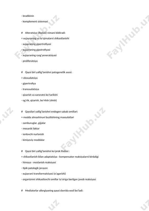 to‘g‘ri - to‘g‘ri javob yo‘q # organizmda allergenga nisbatan sensibilizatsiya allergiyaning qaysi davrida xosil bo‘ladi: + immunologik - patofiziologik - patoximik - hamma javoblar to‘g‘ri - to‘g‘ri javob yo‘q # kancha vaqtdan keyin zardob kasalligining ko‘rinish alomatlari boshlanadi: + 7-12 kundan so‘ng - 1-2 soatdan so‘ng - 2-3 kundan so‘ng - 50-60 kundan so‘ng - hamma javoblar to‘g‘ri # qaysisi allergik reaksiyalarda mediatorlar xosil bo‘luvchi davr: + patobioximik - patofiziologik - immunologik - hamma javob to‘g‘ri - to‘g‘ri javob yo‘q # allergiyaning ko‘shimcha diagnozni sifatida leykotsitar formulaning qaysi o‘zgarishi bo‘lishi mumkin: + eozinofiliya - leykotsitoz - leykopeniya,anemiya - limfopeniya - neytrofiliya # fagolizosoma fagotsitozning qaysi bosqichida xosil bo‘ladi: + xazm qilish - kamrab olish - yaqinlashish - yopishish - to‘g‘ri javob yo‘q # organizmda qaysi immunoglobulinlar eng yuqori molekulyar massaga ega: + igm - igj - iga - ige - igd # qayerda reaginlar ko‘prok sintezlanadi: + xazm trakti va …