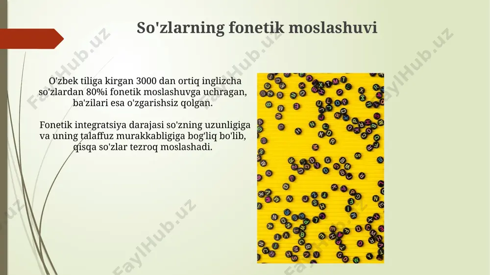 tilidan olingan 500 dan ortiq soʻzlarning talaffuzida stressning oʻrni va unli tovushlarning uzunligi muhim rol oʻynaydi, bu esa soʻz ma'nosining aniqligiga ta'sir qiladi. amaliy mashqlar "amaliy" so'zi rus tilidan olingan bo'lib, uning talaffuzi rus tilidagi talaffuzga yaqin, lekin ba'zi fonetik o'zgarishlar bilan. masalan, "i" ning talaffuzi ozgina farq qilishi mumkin. "amaliy mashqlar" iborasida taxminan 7 ta fonema mavjud bo'lib, ularning har biri o'ziga xos artikulyatsiya xususiyatlariga ega. to'g'ri talaffuz uchun bu fonemalarni aniq talaffuz qilish muhimdir. undosh tovushlarni talaffuz qilish oʻzbek tiliga kirgan 100 ga yaqin inglizcha soʻzning taxminan 70 foizi oʻzbekcha fonetik tizimga moslashtirilgan holda talaffuz qilinadi, qolganlari esa asl talaffuzga yaqinroq boʻladi. ba’zi hollarda, xususan, koʻp boʻgʻinli murakkab soʻzlarni talaffuz qilishda, stressning joylashuvi muhim ahamiyatga ega boʻlib, notoʻgʻri stress soʻzni butunlay boshqa ma’noga ega qilishi mumkin. o'zbek tiliga kirib kelgan so'zlarning turlari oʻzbek tiliga arab, fors va rus tillaridan kirib kelgan soʻzlarning fonetik moslashuvi turlicha boʻlib, taxminan 3000 …