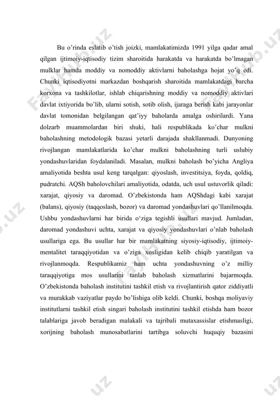 ing maqsadi iqtisodiyotni modernizatsiyalash sharoitida mamlakatimiz iqtisodiyotida ko’char mulkni baholash mexanizmini o’rganishdan iborat. maqsaddan kelib chiqib quyidagi vazifalar belgilangan: · ko’char mulk tushunchasi, baholash maqsadlari, nazariy asoslarini yoritib berish; · baholanayotgan ko’char mulk ob’ektini baholash jarayonini tahlil qilish; · ko’char mulk qiymatini qiyosiy yondashuv asosida baholash tahlilini amalga oshirish. kurs ishning ob’ekti. tadqiqot ishining ob’ekti bo’lib, ko’char mulkni baholash ko’rsatkichlari (chevrolet nexia sons rusumli avtotransport vositasi misolida) hisoblanadi. kurs ishining predmeti bo’lib, ko’char mulkni qiyosiy yondashuv asosida baholash jarayonlari hisoblanadi. kurs ishi kirish, uchta qismdan, xulosa va foydalanilgan adabiyotlar ro’yxatidan tashkil topgan. 1. ko’char mulk tushunchasi, turlari va shakillari har qanday davlat taraqqiyoti mulkchilik tizimining rivojlanganlik darajasiga bog’liq. shu bois, mamlakatimizda ko’char va ko’chmas mulk bozorini rivojlantirishga jiddiy e’tibor qaratilmoqda. natijada ko’char va ko’chmas mulklar va ularga bo’lgan huquqlarga doir bitimlar tuzish bilan bog’liq xizmatlarni ko’rsatish bo’yicha tadbirkorlik faoliyati ham keng rivojlanmoqda. bu o’z navbatida, mamlakatimizda mulkchilik munosabatlarining kengayishiga, ko’char …